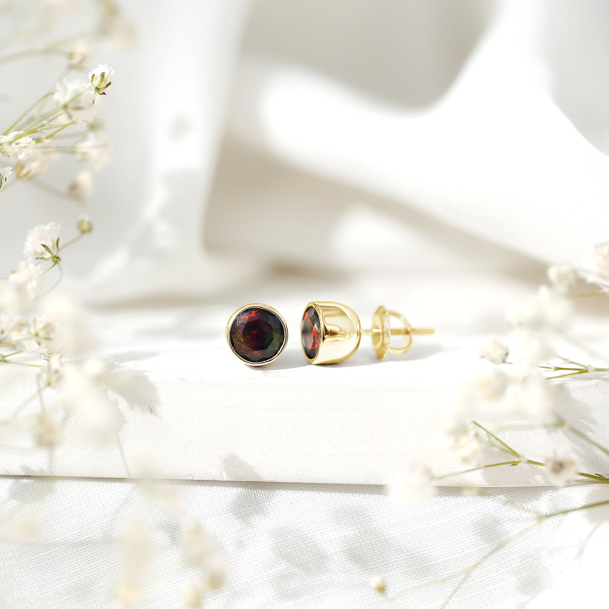 Bezel Set 6mm Black Opal Stud Earrings with Certificate