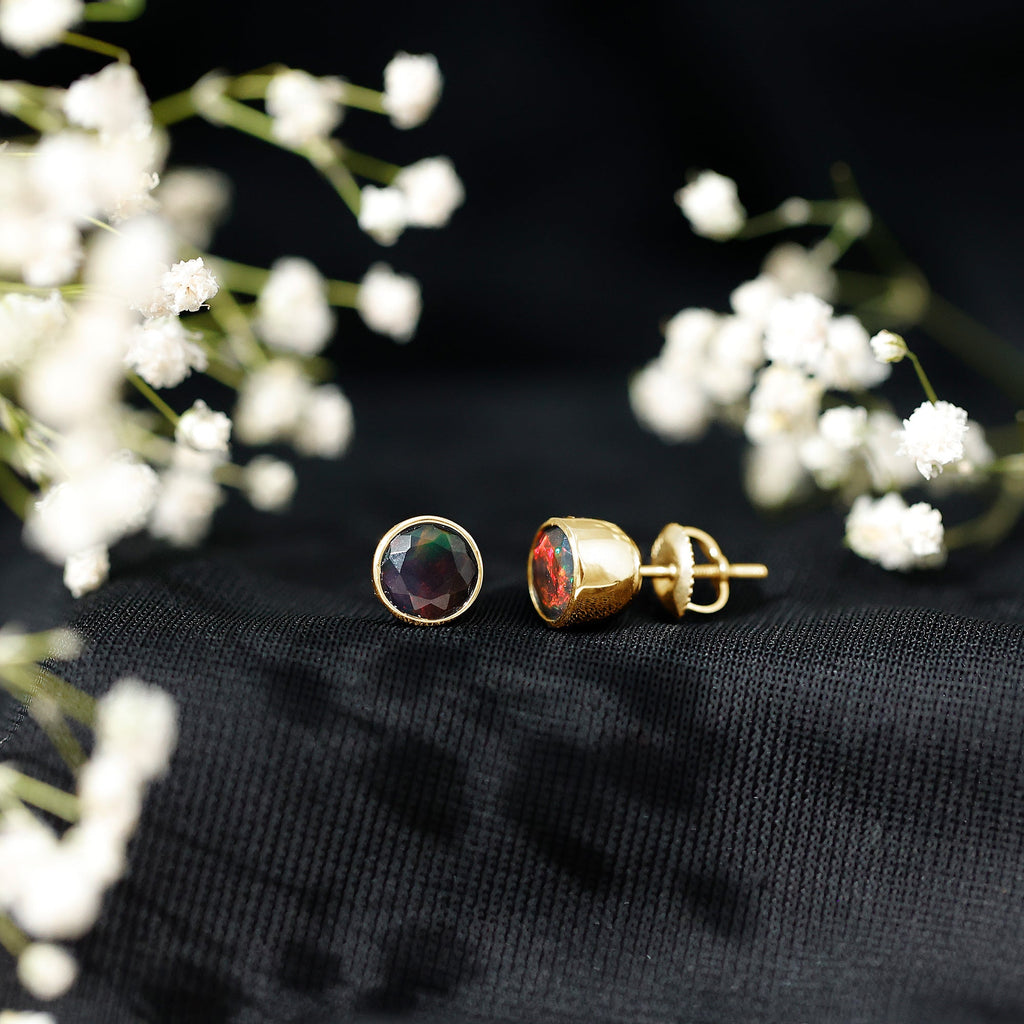 Bezel Set 6mm Black Opal Stud Earrings with Certificate