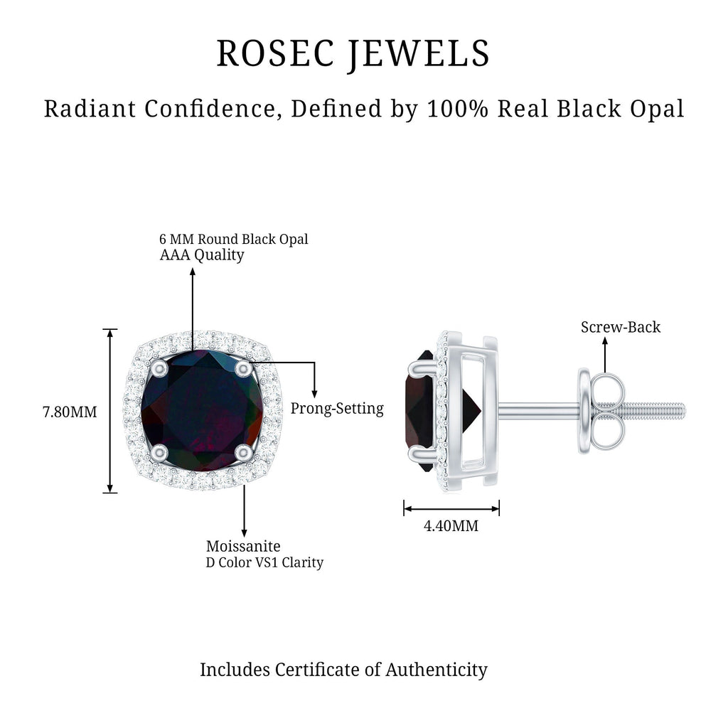 Round Shape Black Opal Stud Earrings with Moissanite Halo