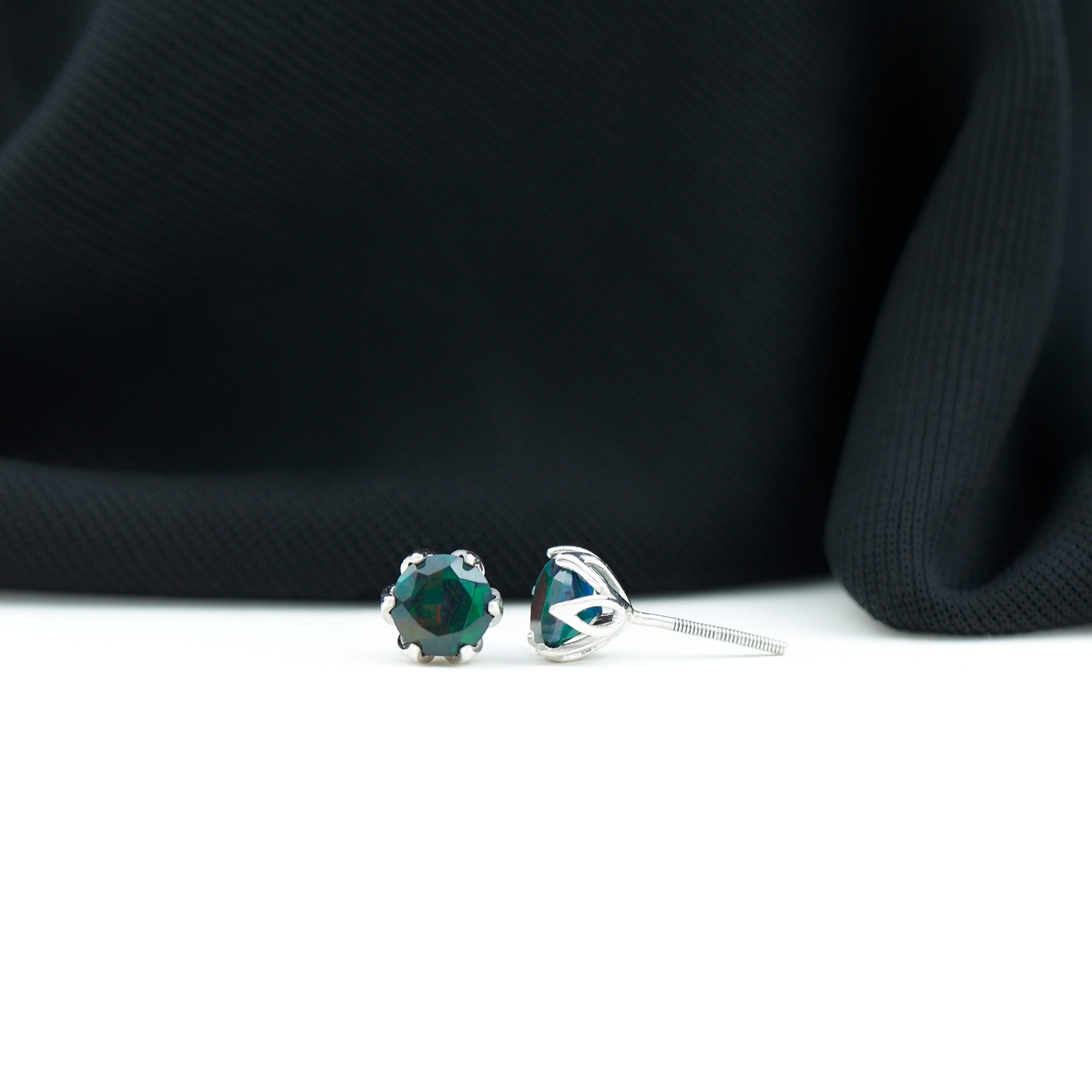 1.50 CT Round Shape Black Opal Solitaire Stud Earrings