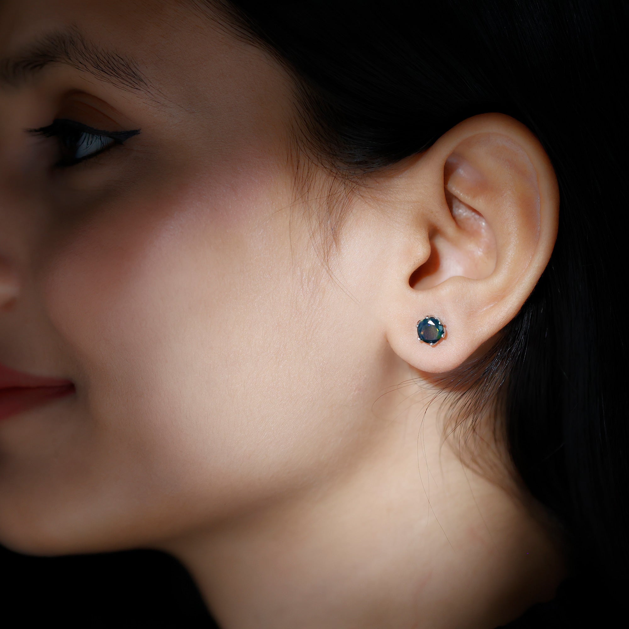 1.50 CT Round Shape Black Opal Solitaire Stud Earrings