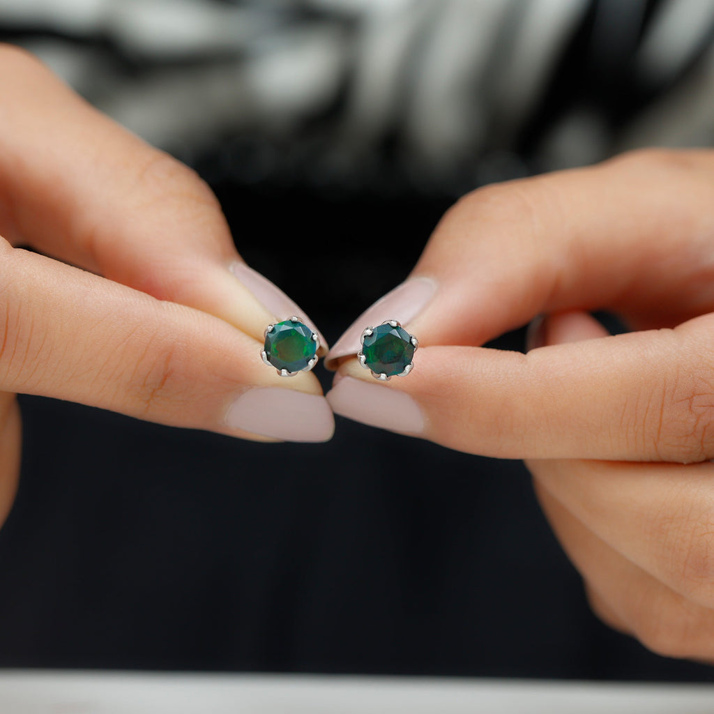 1.50 CT Round Shape Black Opal Solitaire Stud Earrings