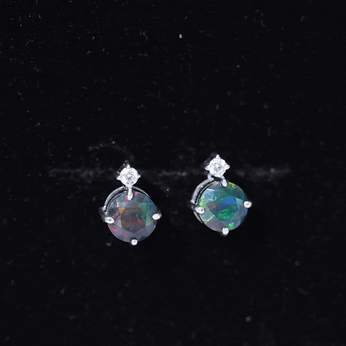 Simple Round Black Opal Solitaire Stud Earrings with Dainty Moissanite