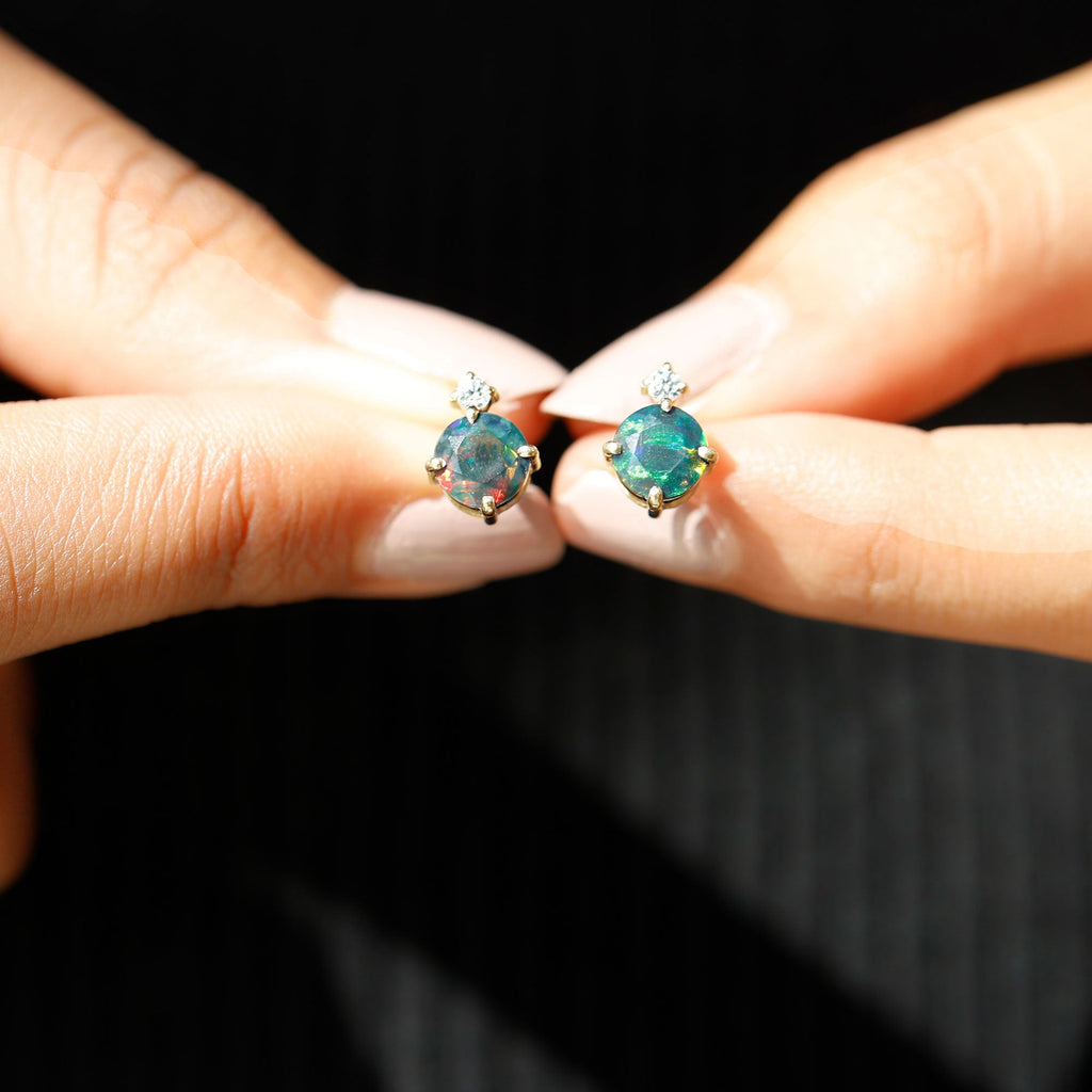 Simple Round Black Opal Solitaire Stud Earrings with Dainty Moissanite