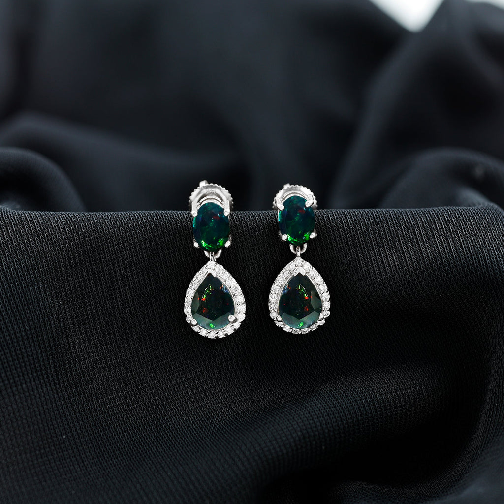 Oval and Pear Shape Black Opal Drop Earrings with Diamond