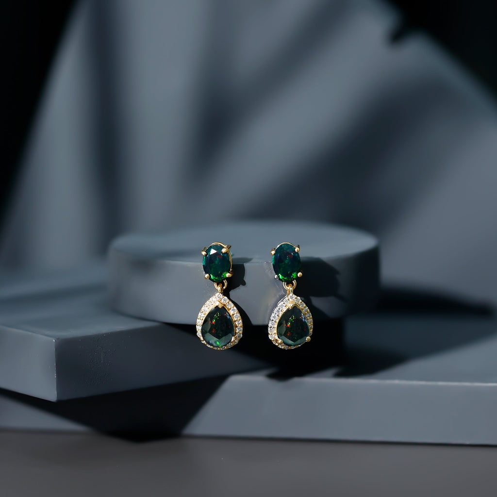 Oval and Pear Shape Black Opal Drop Earrings with Diamond