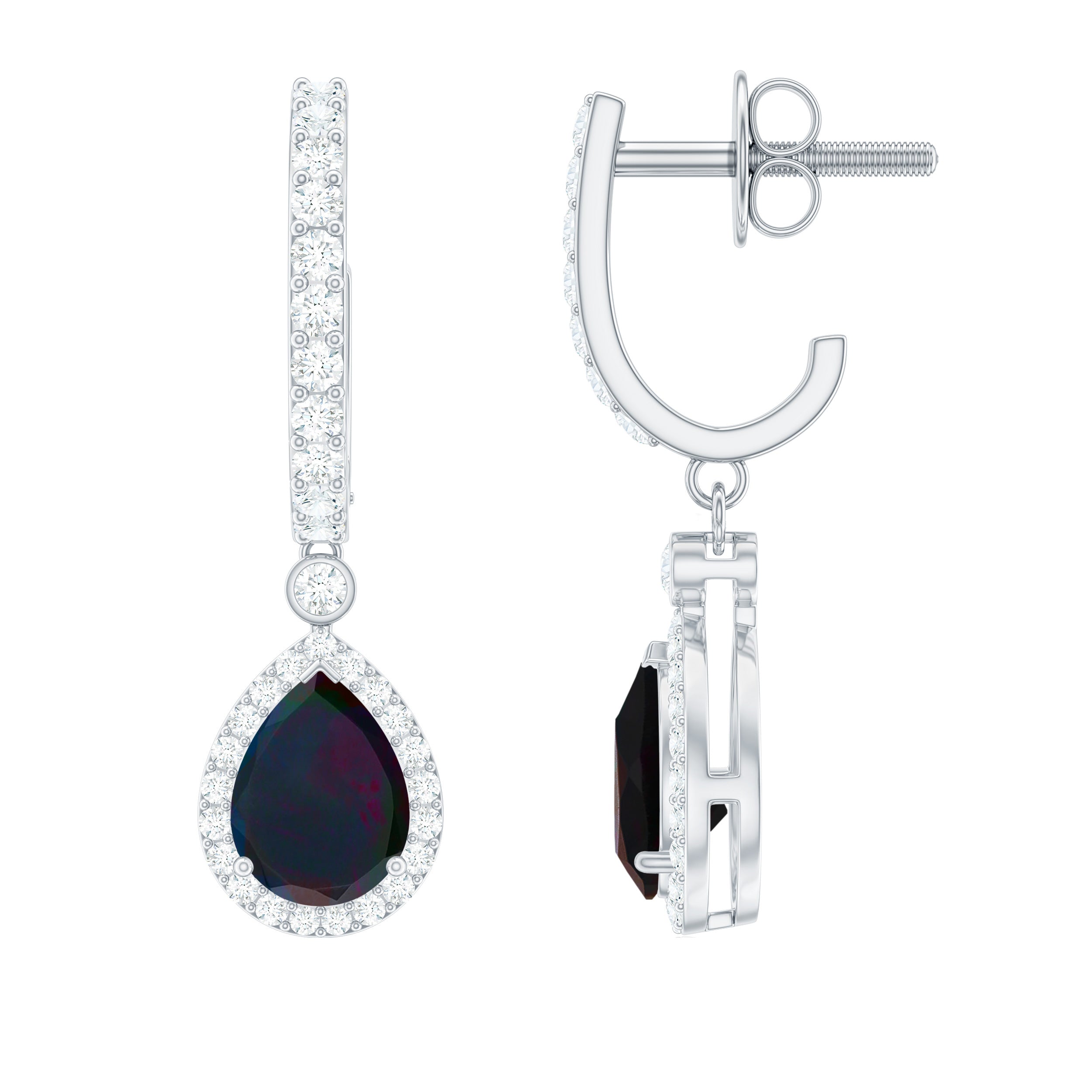 Classic Black Opal and Moissanite Hoop Drop Earrings