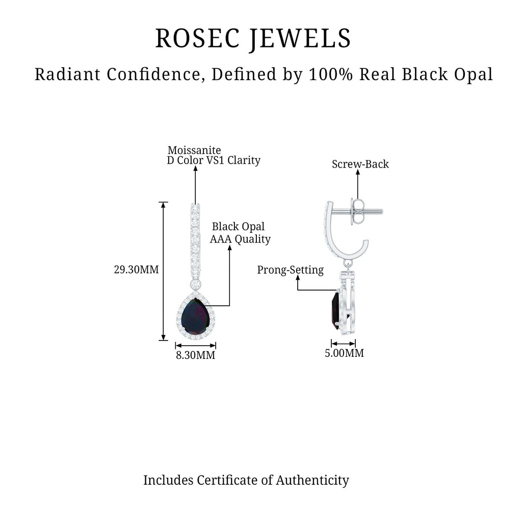 Classic Black Opal and Moissanite Hoop Drop Earrings