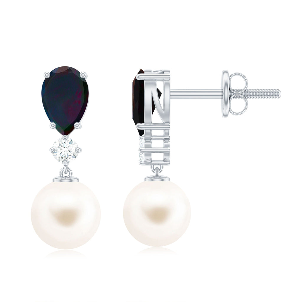 Pear Cut Black Opal and Freshwater Pearl Drop Earrings with Moissanite