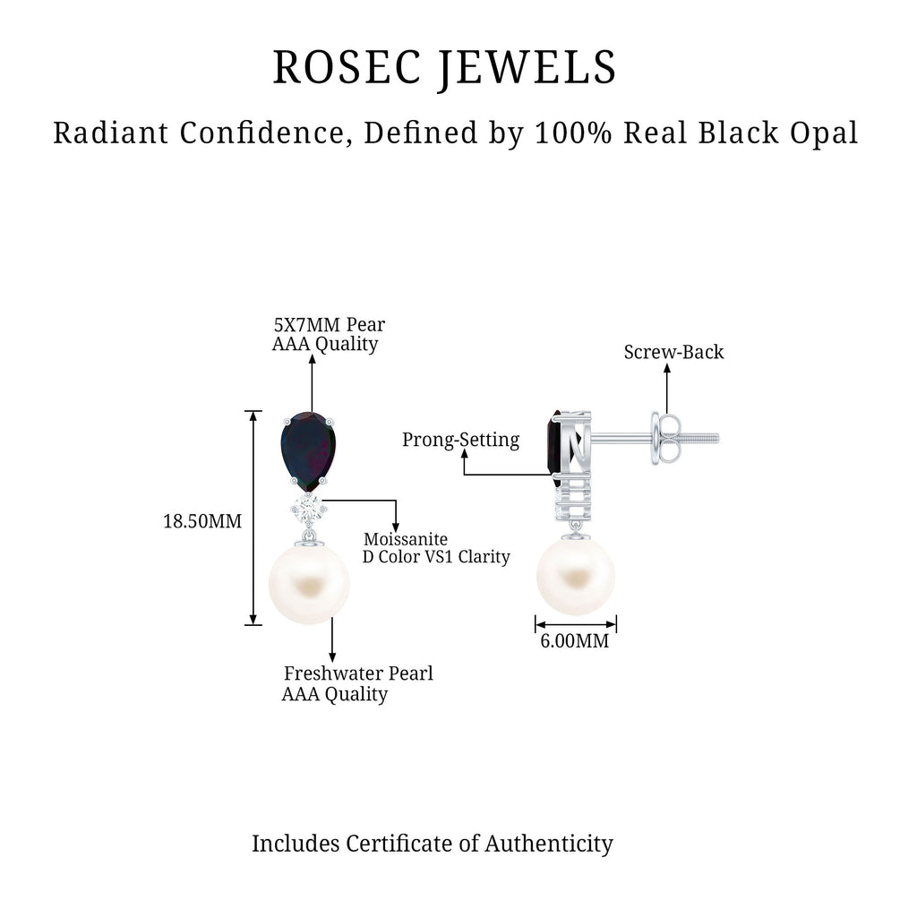 Pear Cut Black Opal and Freshwater Pearl Drop Earrings with Moissanite