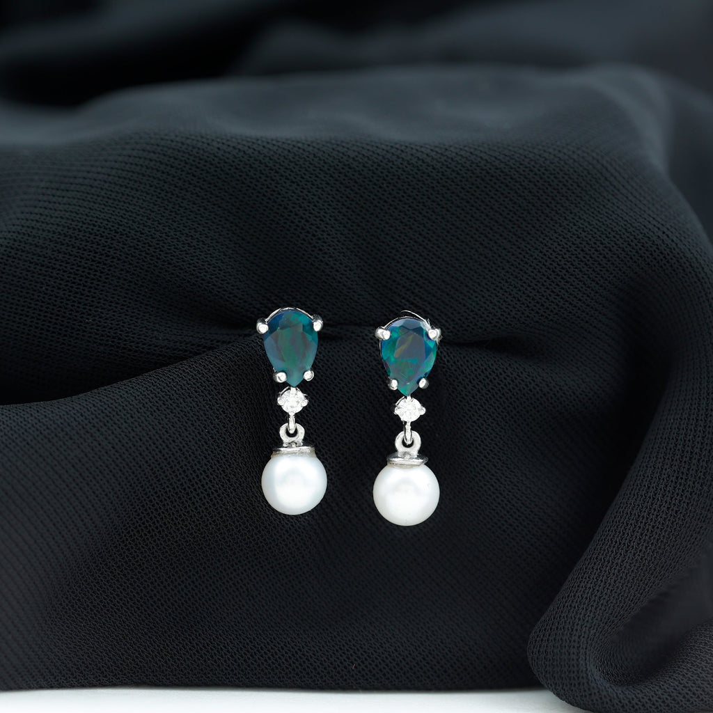 Pear Cut Black Opal and Freshwater Pearl Drop Earrings with Moissanite