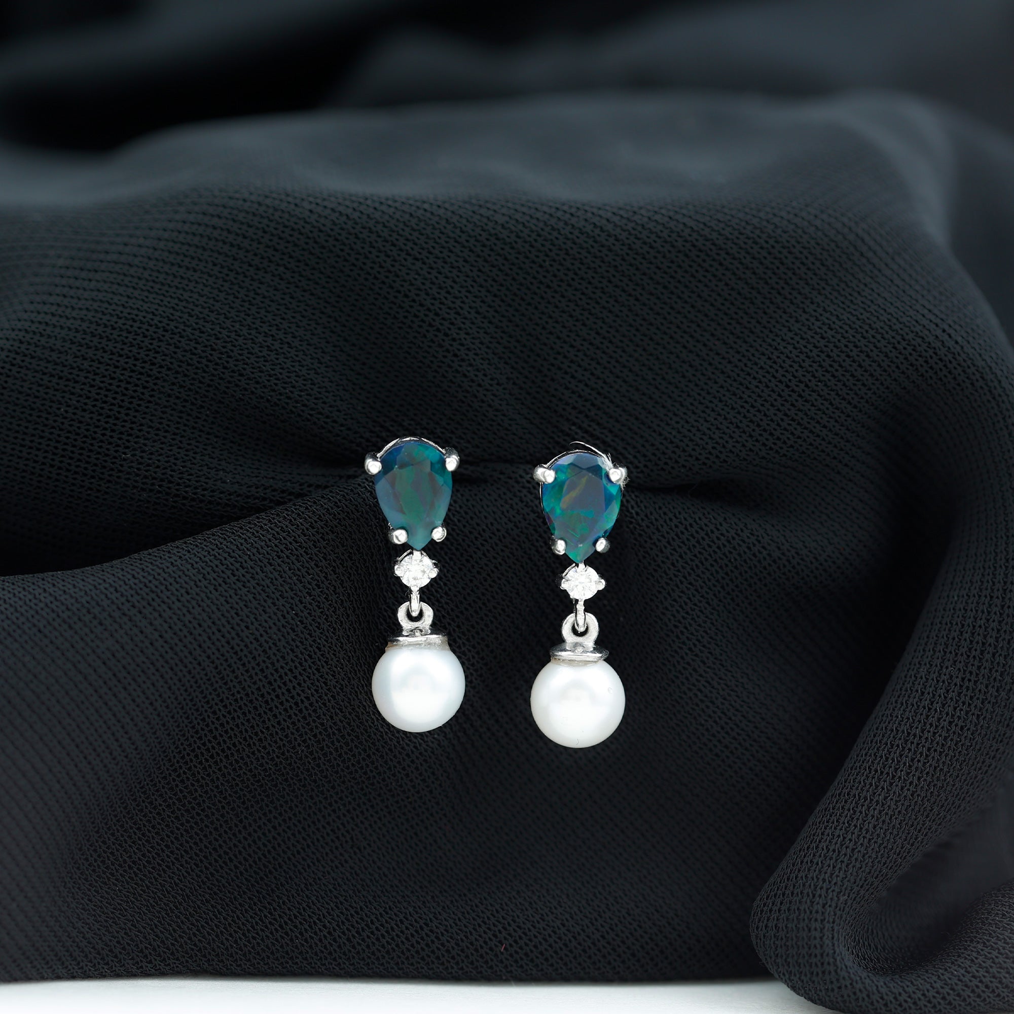 Pear Cut Black Opal and Freshwater Pearl Drop Earrings with Moissanite