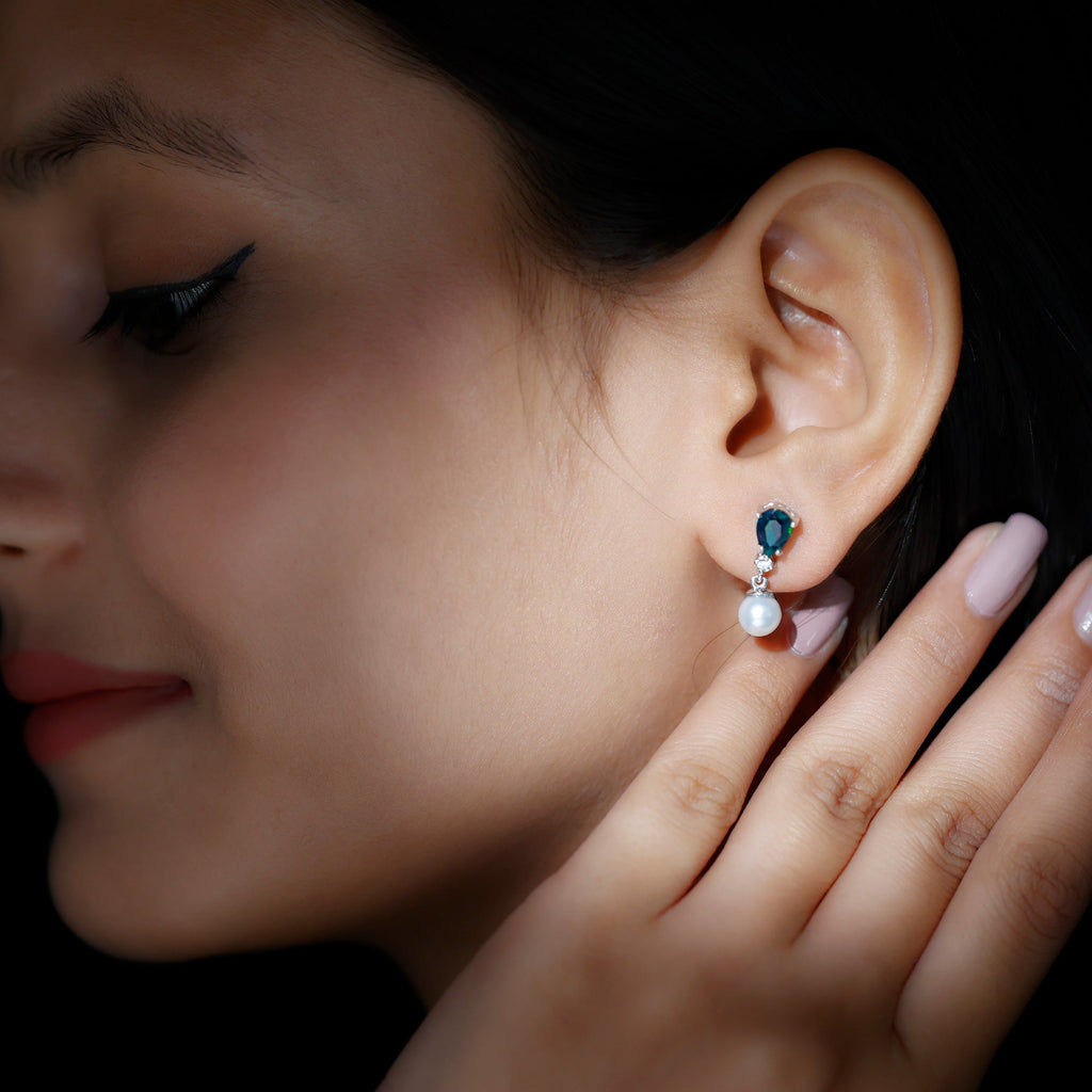 Pear Cut Black Opal and Freshwater Pearl Drop Earrings with Moissanite