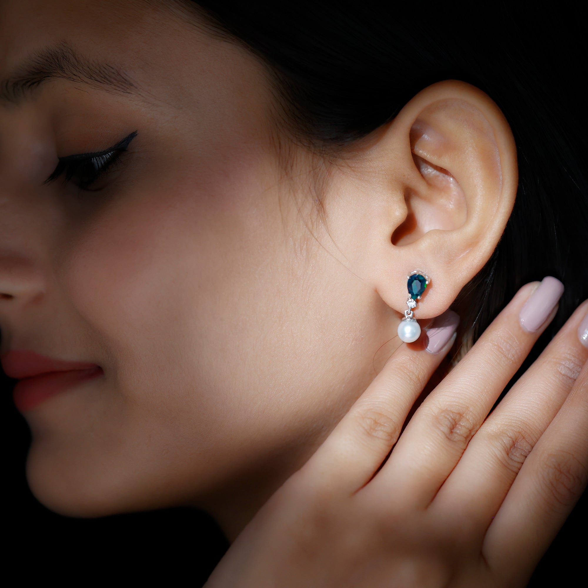 Pear Cut Black Opal and Freshwater Pearl Drop Earrings with Moissanite