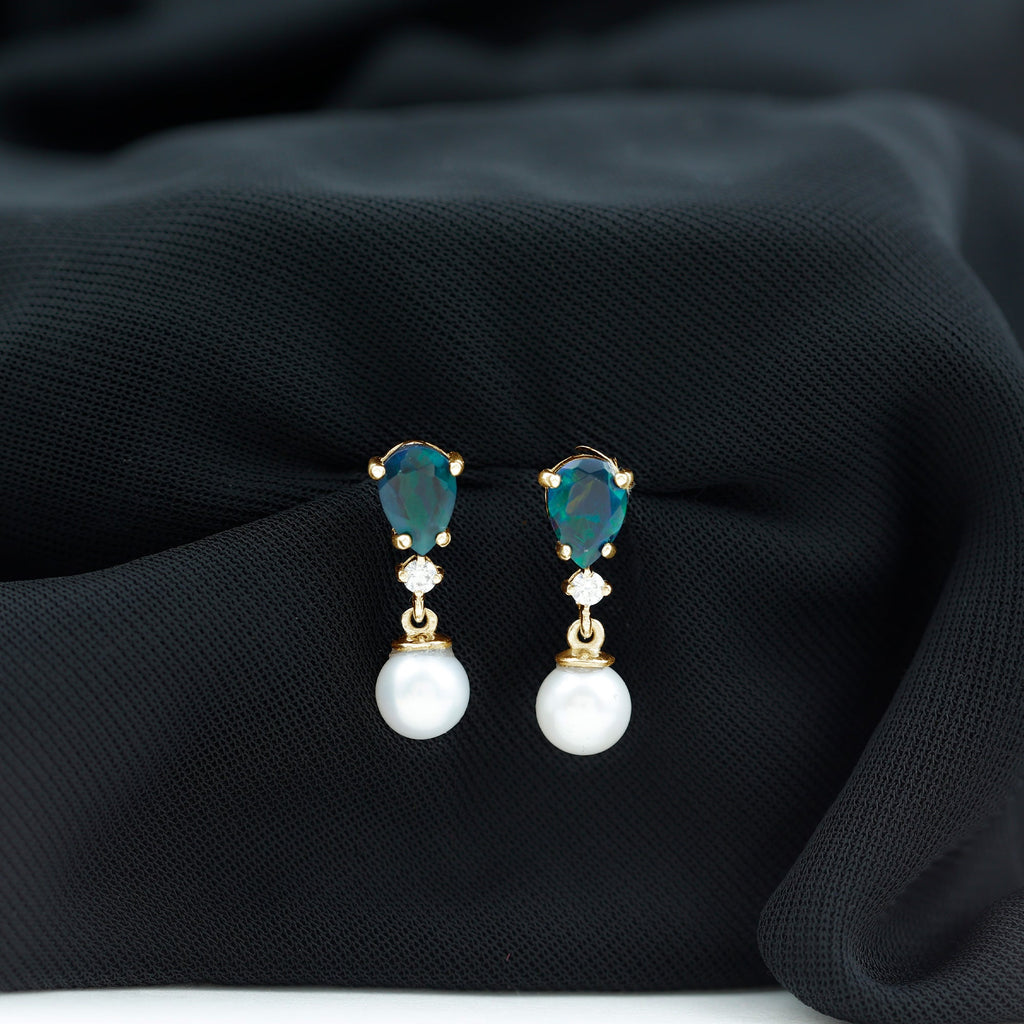 Pear Cut Black Opal and Freshwater Pearl Drop Earrings with Moissanite