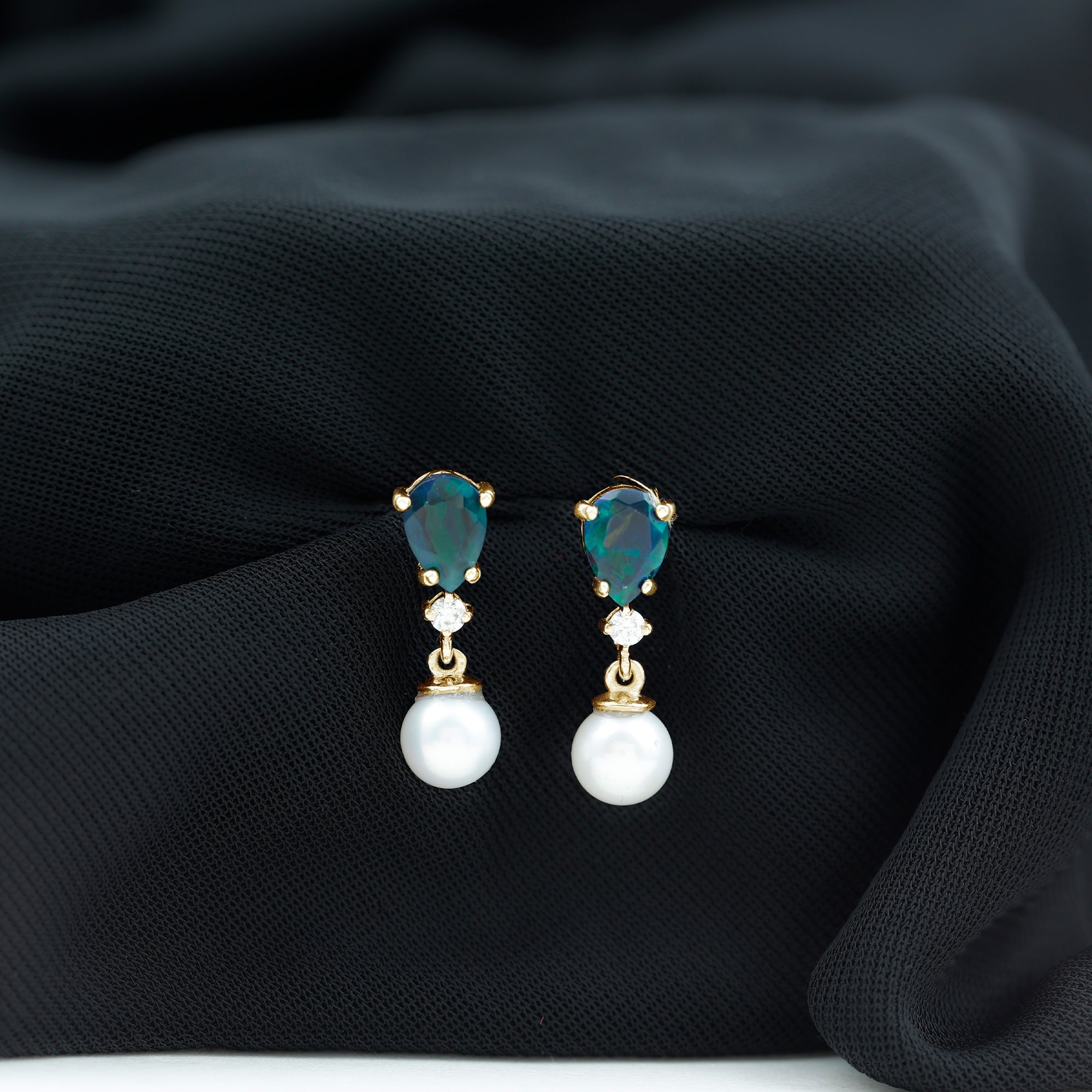 Pear Cut Black Opal and Freshwater Pearl Drop Earrings with Moissanite