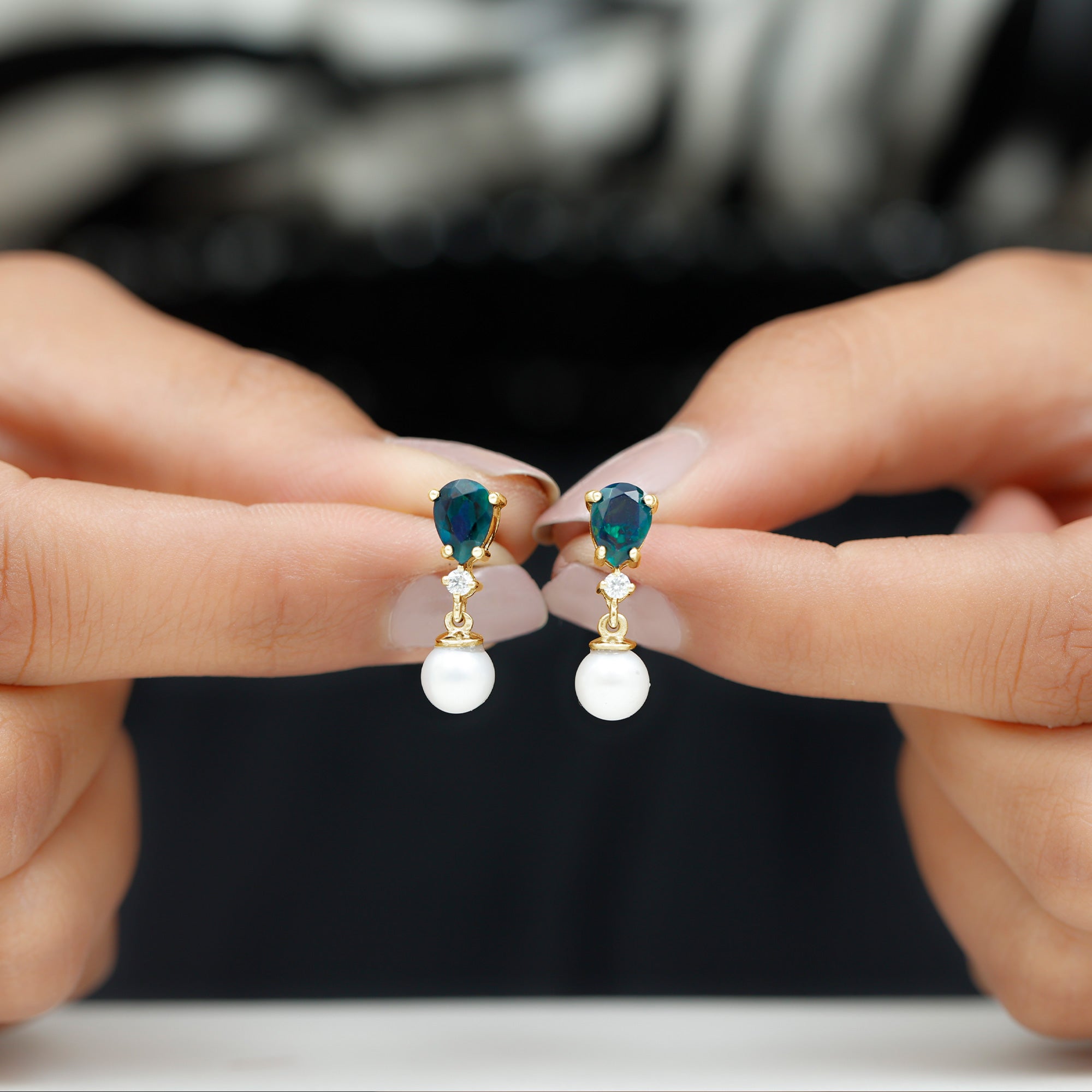 Pear Cut Black Opal and Freshwater Pearl Drop Earrings with Moissanite