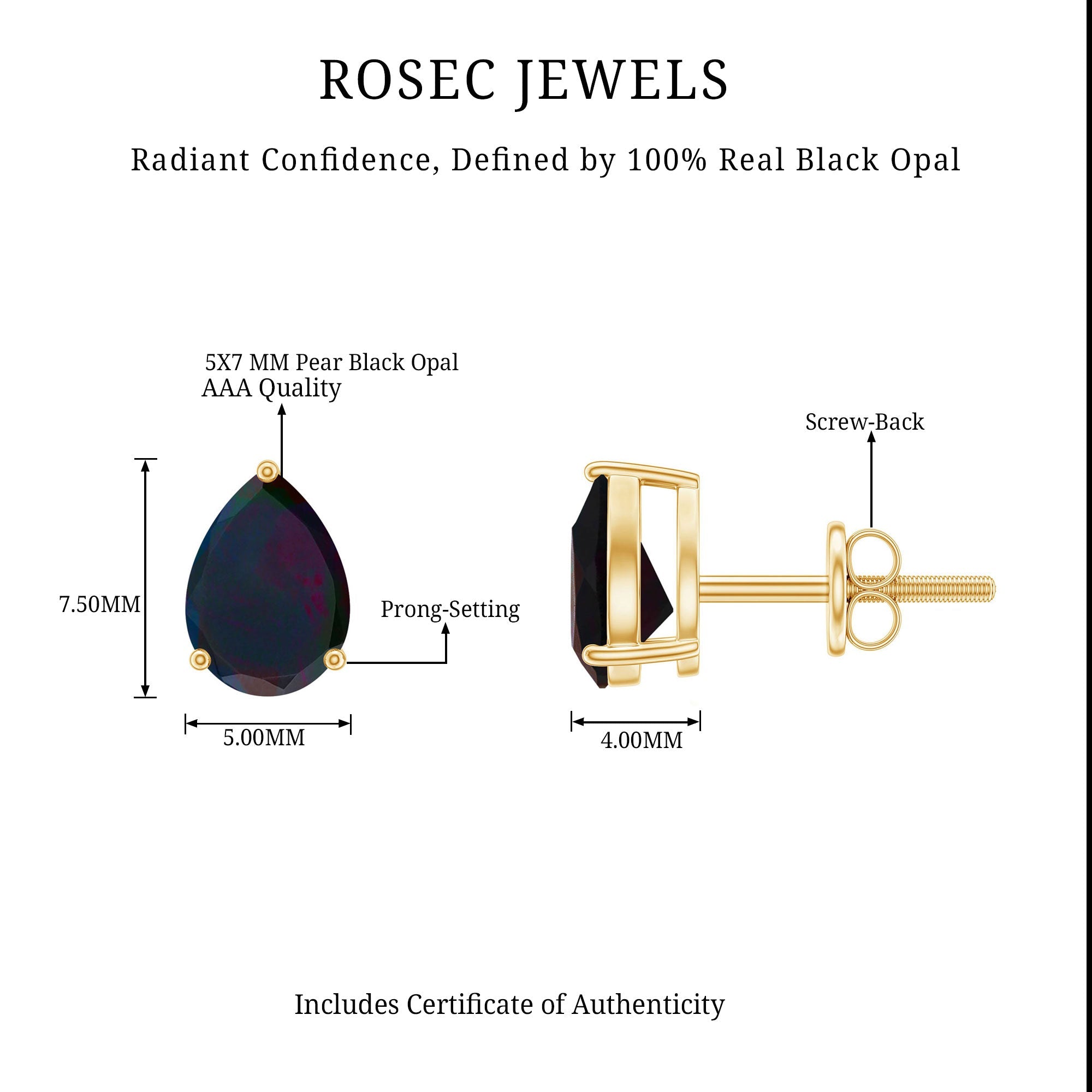Genuine 5X7mm Pear Shaped Black Opal Stud Earrings