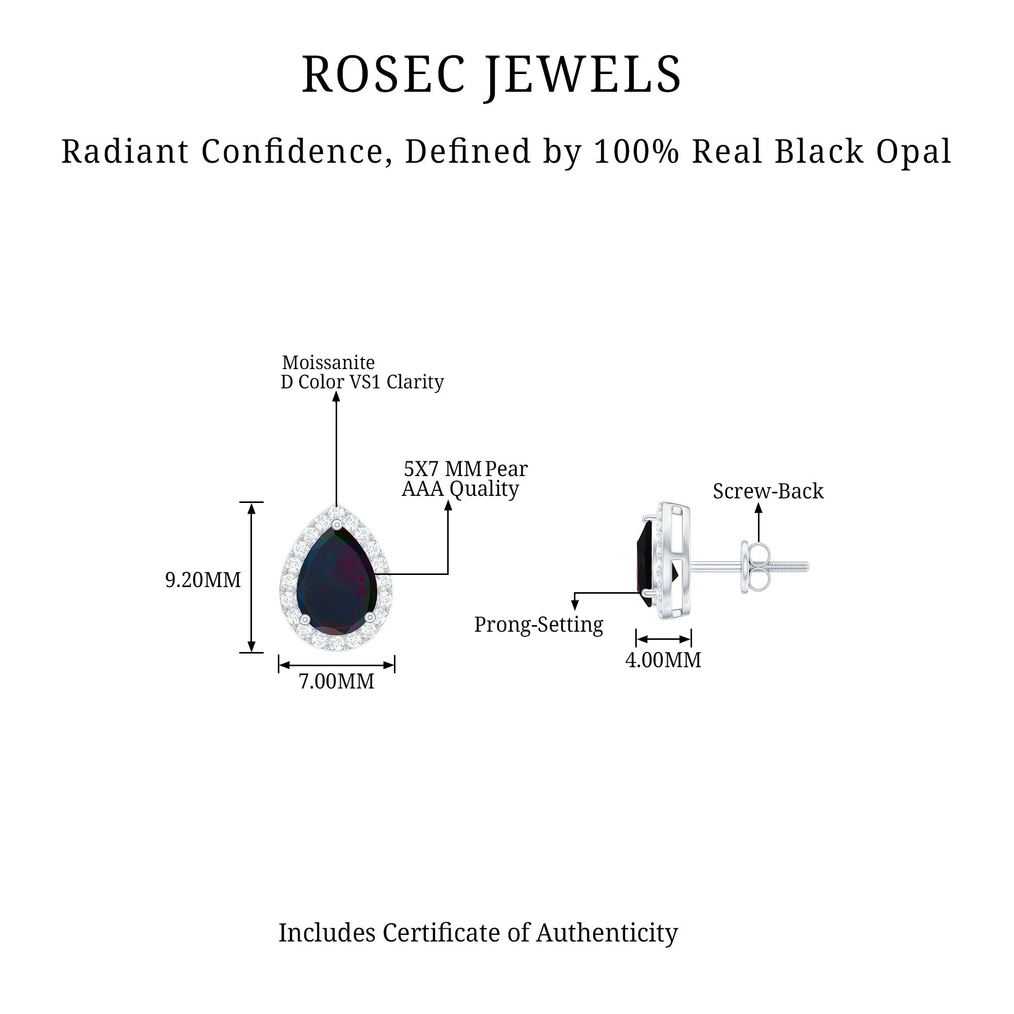 Classic Pear Cut Black Opal and Moissanite Halo Stud Earrings