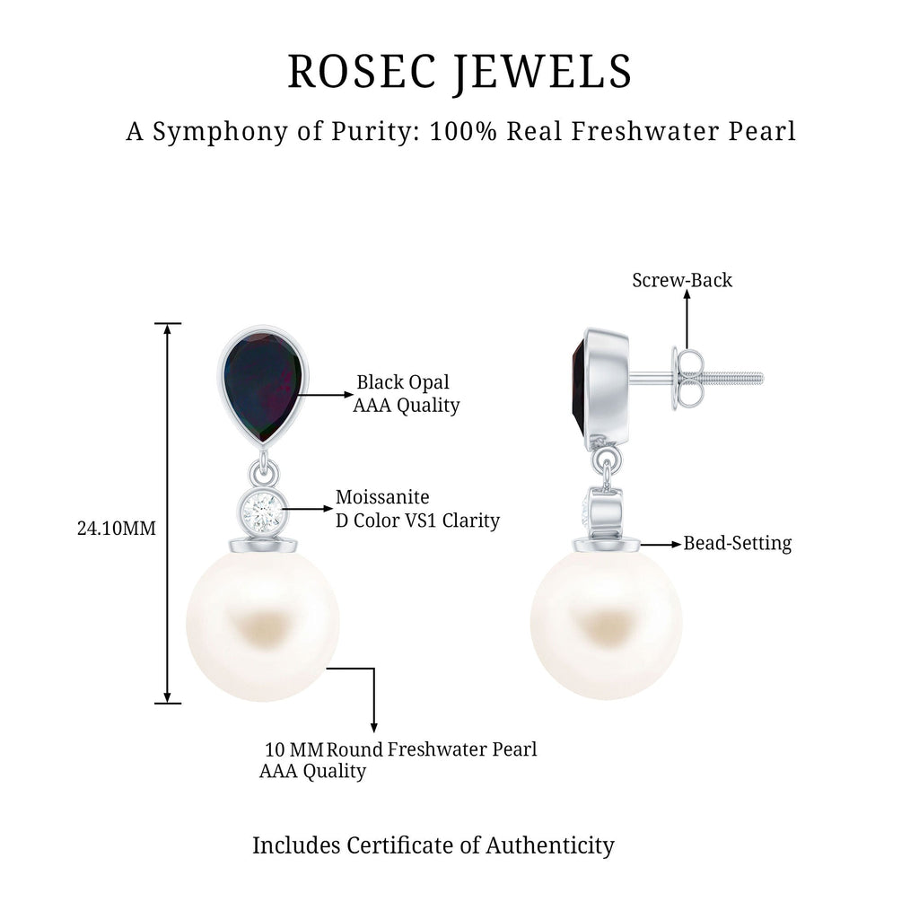 Freshwater Pearl Drop Earrings with Black Opal and Moissanite