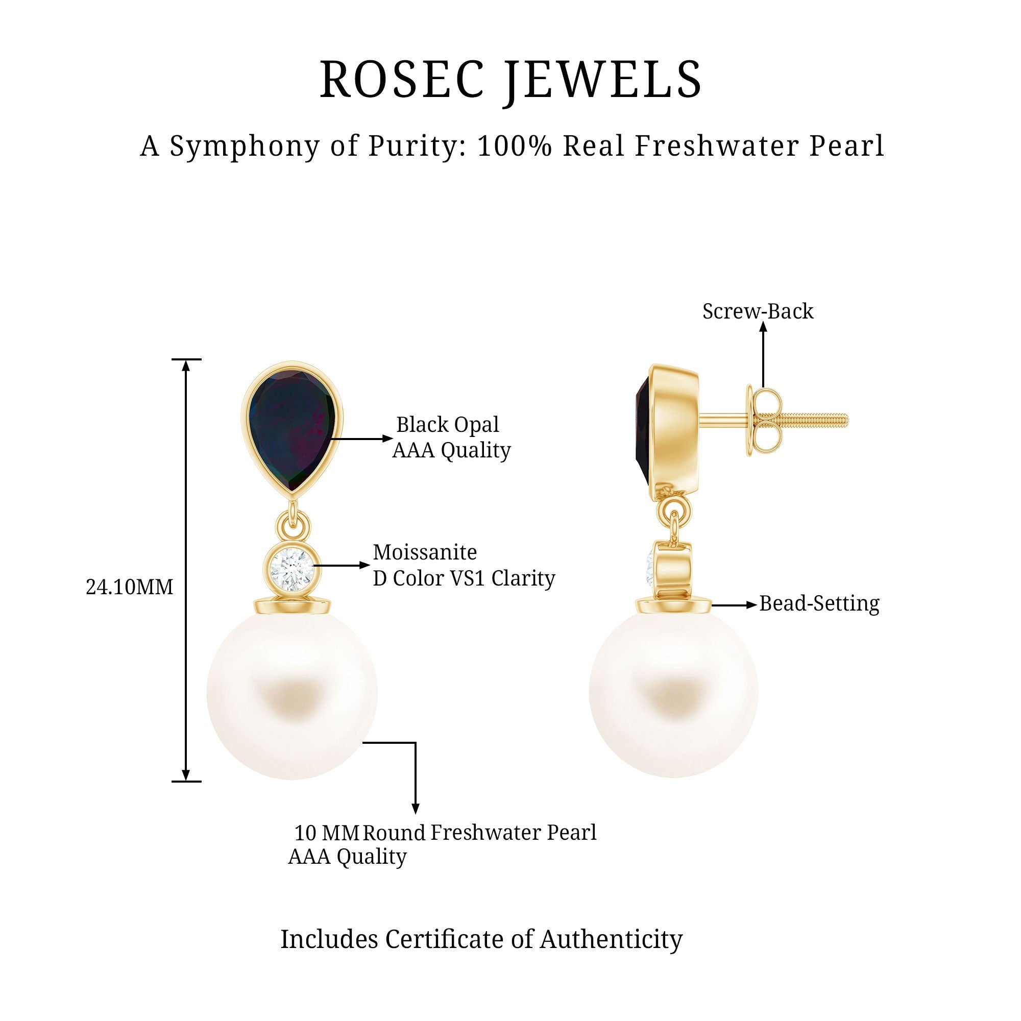 Freshwater Pearl Drop Earrings with Black Opal and Moissanite