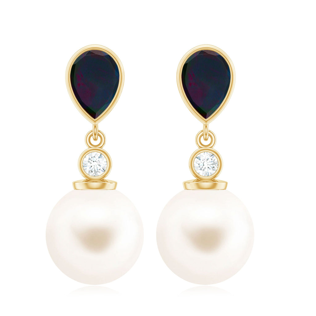 Freshwater Pearl Drop Earrings with Black Opal and Moissanite