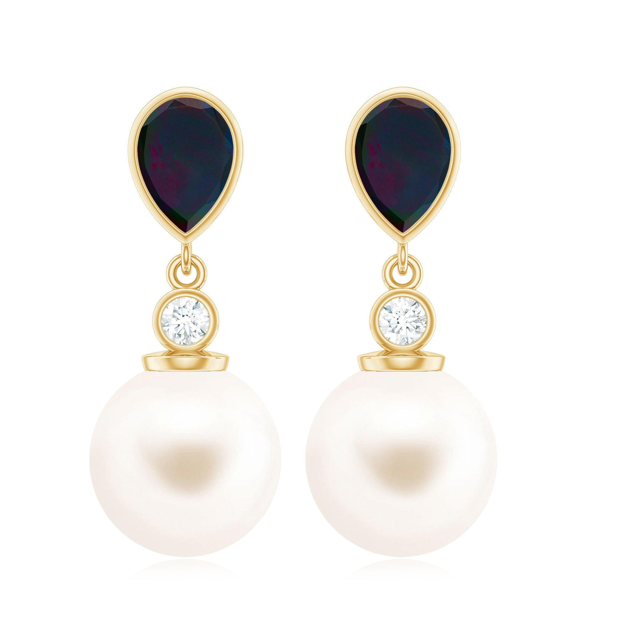 Freshwater Pearl Drop Earrings with Black Opal and Moissanite