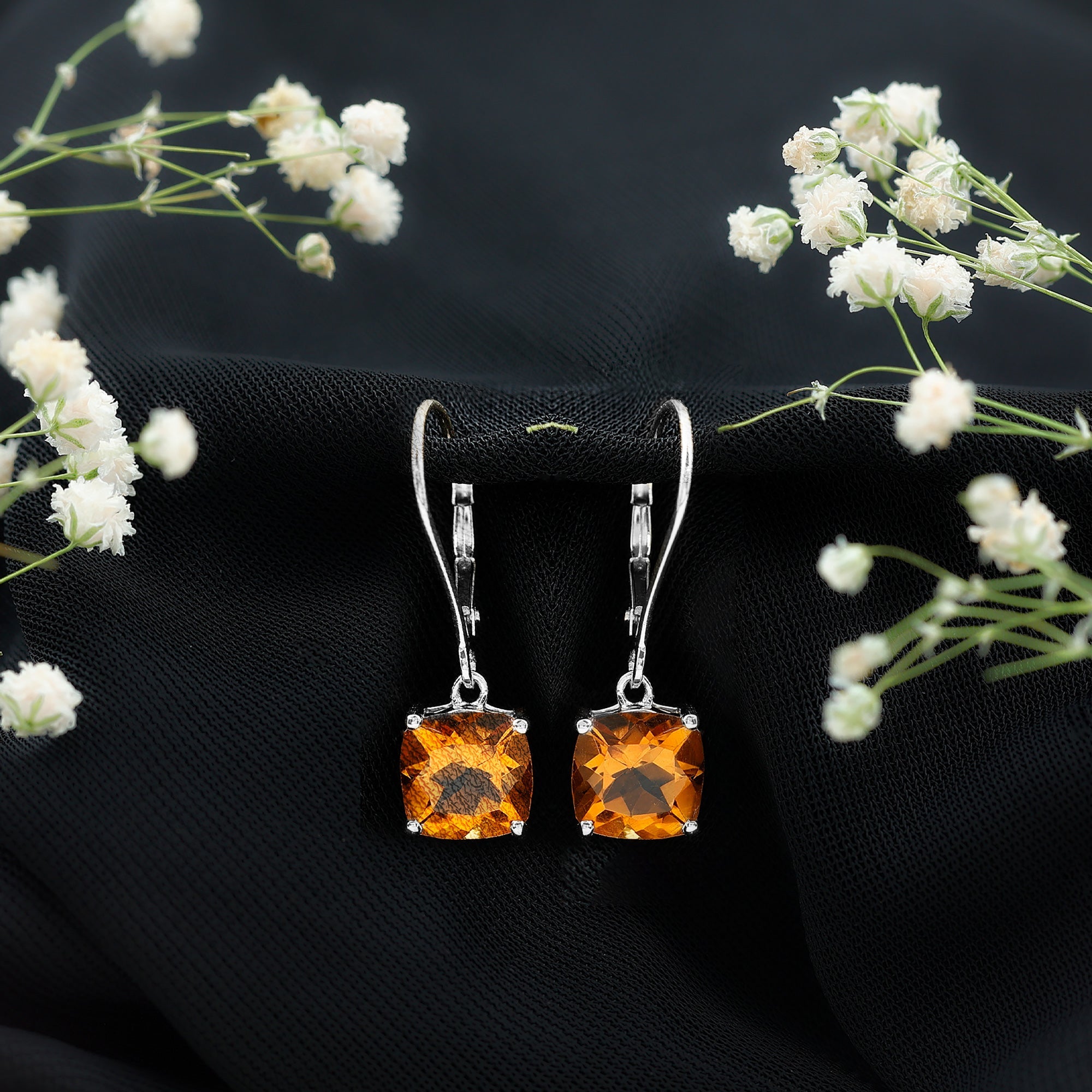 8MM Cushion Cut Citrine Solitaire Drop Earrings