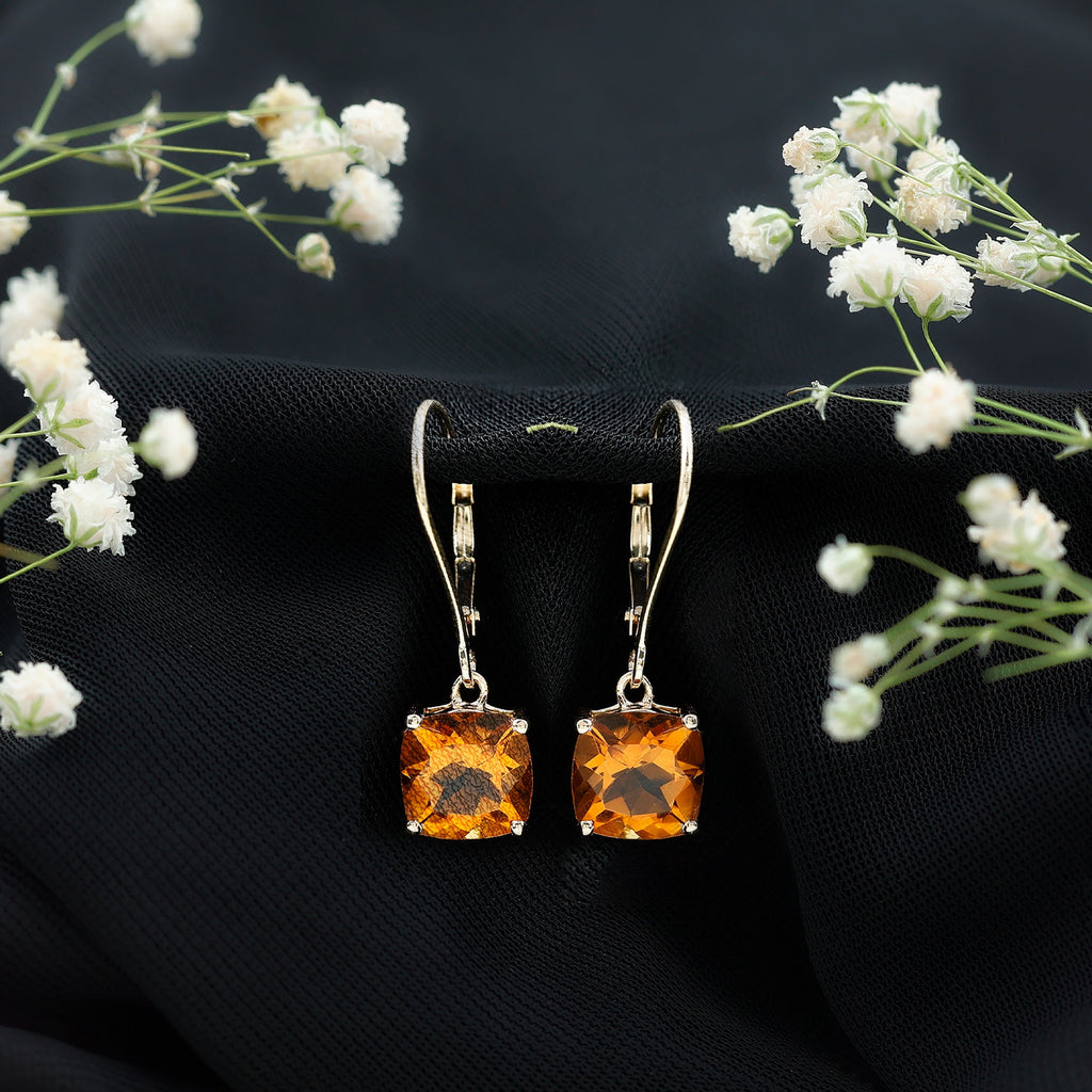 8MM Cushion Cut Citrine Solitaire Drop Earrings