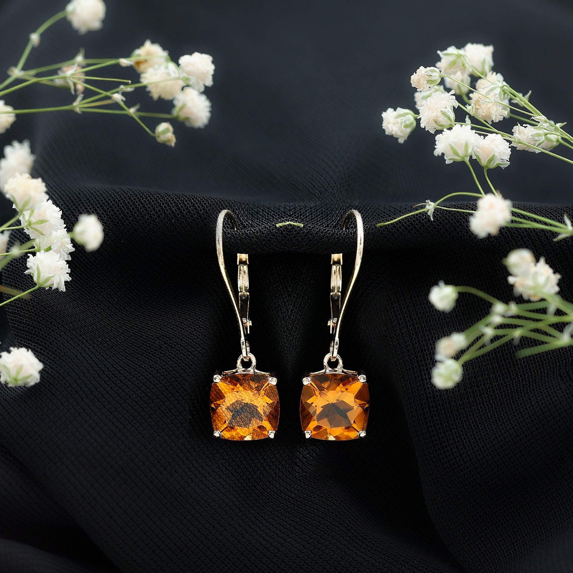 8MM Cushion Cut Citrine Solitaire Drop Earrings