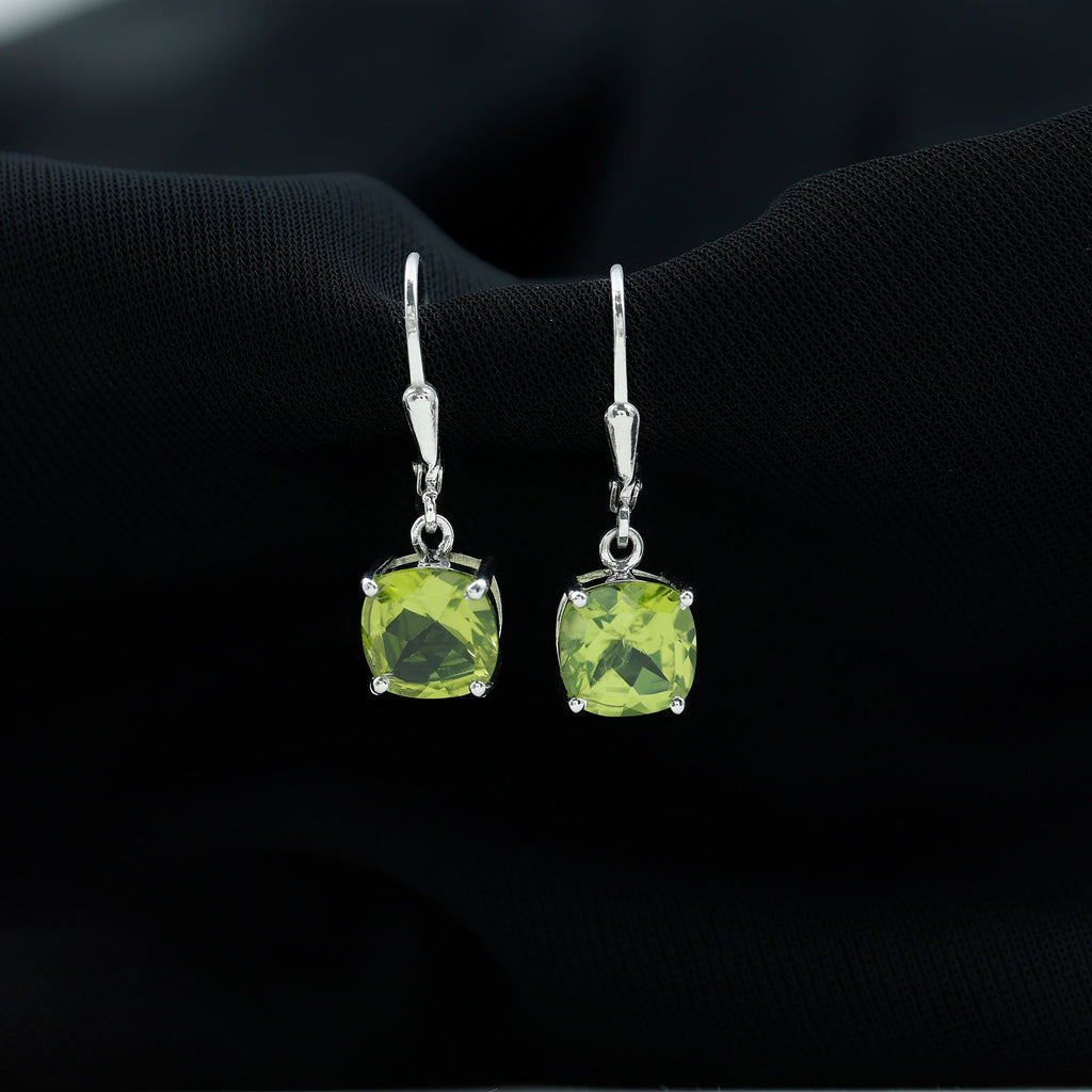 4 Carat Cushion Cut Peridot Solitaire Drop Earrings with Leverback