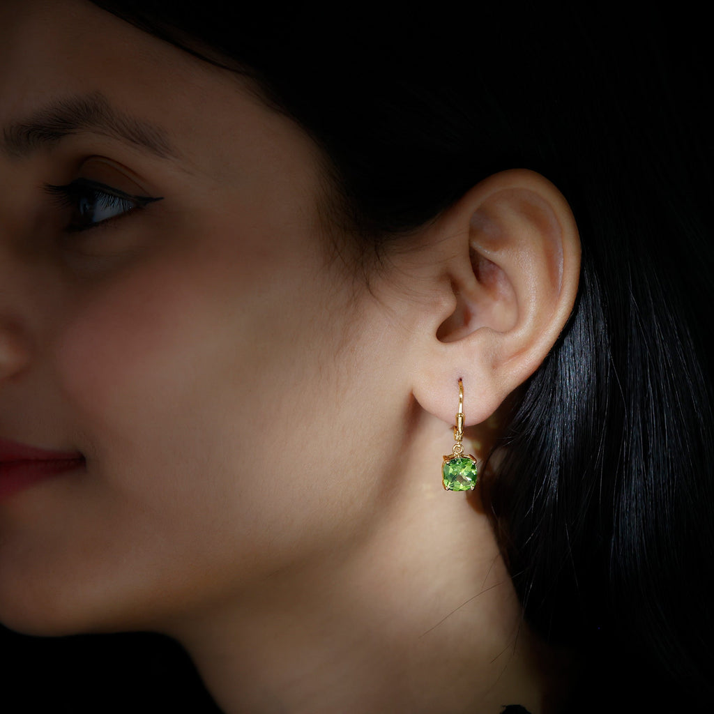 4 Carat Cushion Cut Peridot Solitaire Drop Earrings with Leverback
