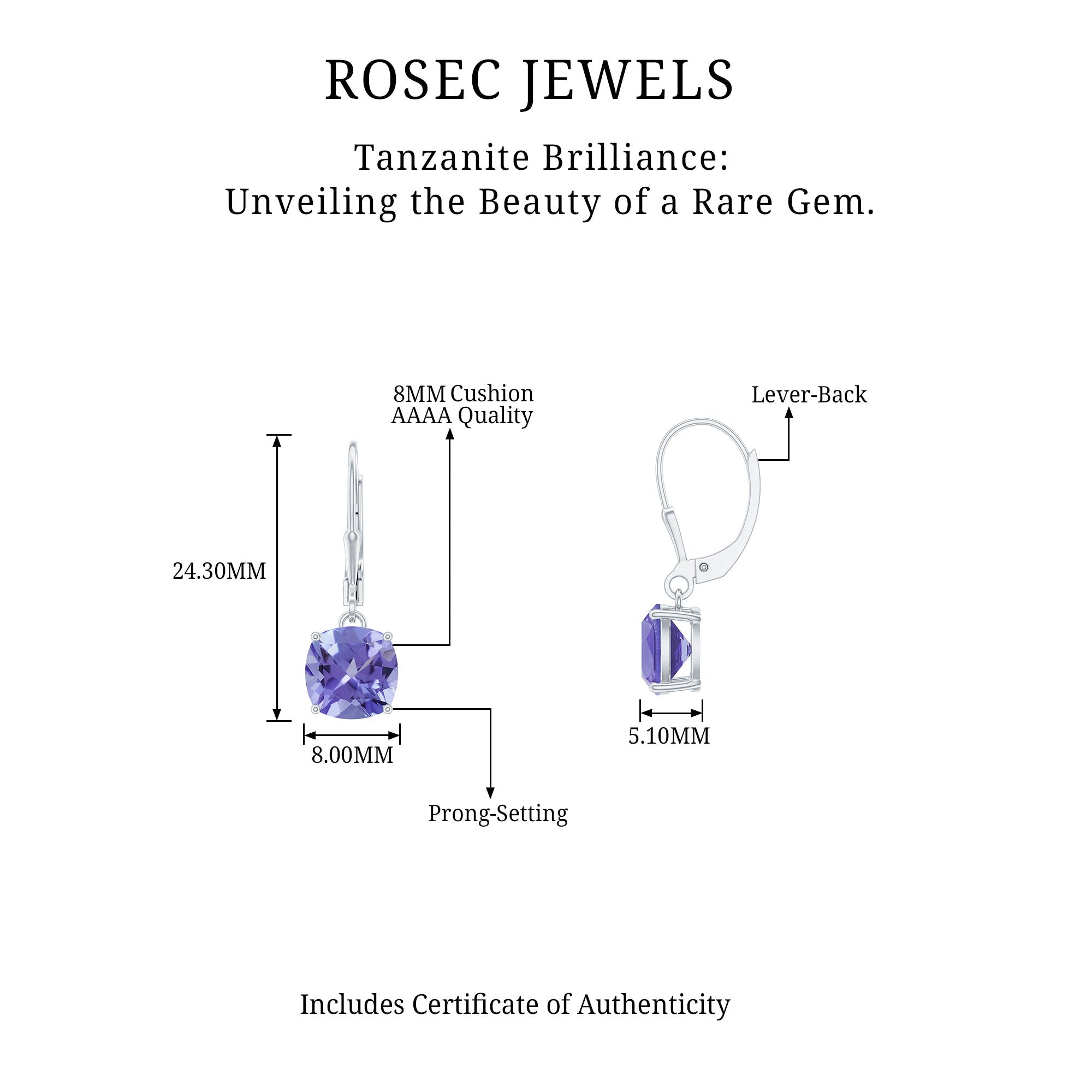 8MM Cushion Cut Lab Created Tanzanite Solitaire Drop Earrings