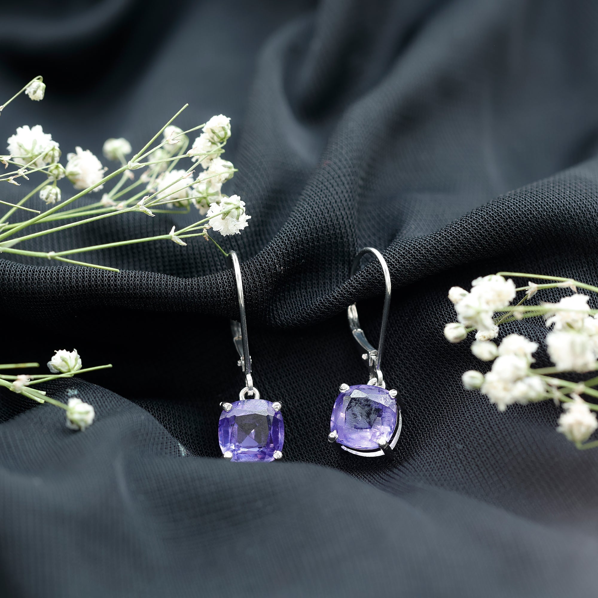 8MM Cushion Cut Lab Created Tanzanite Solitaire Drop Earrings