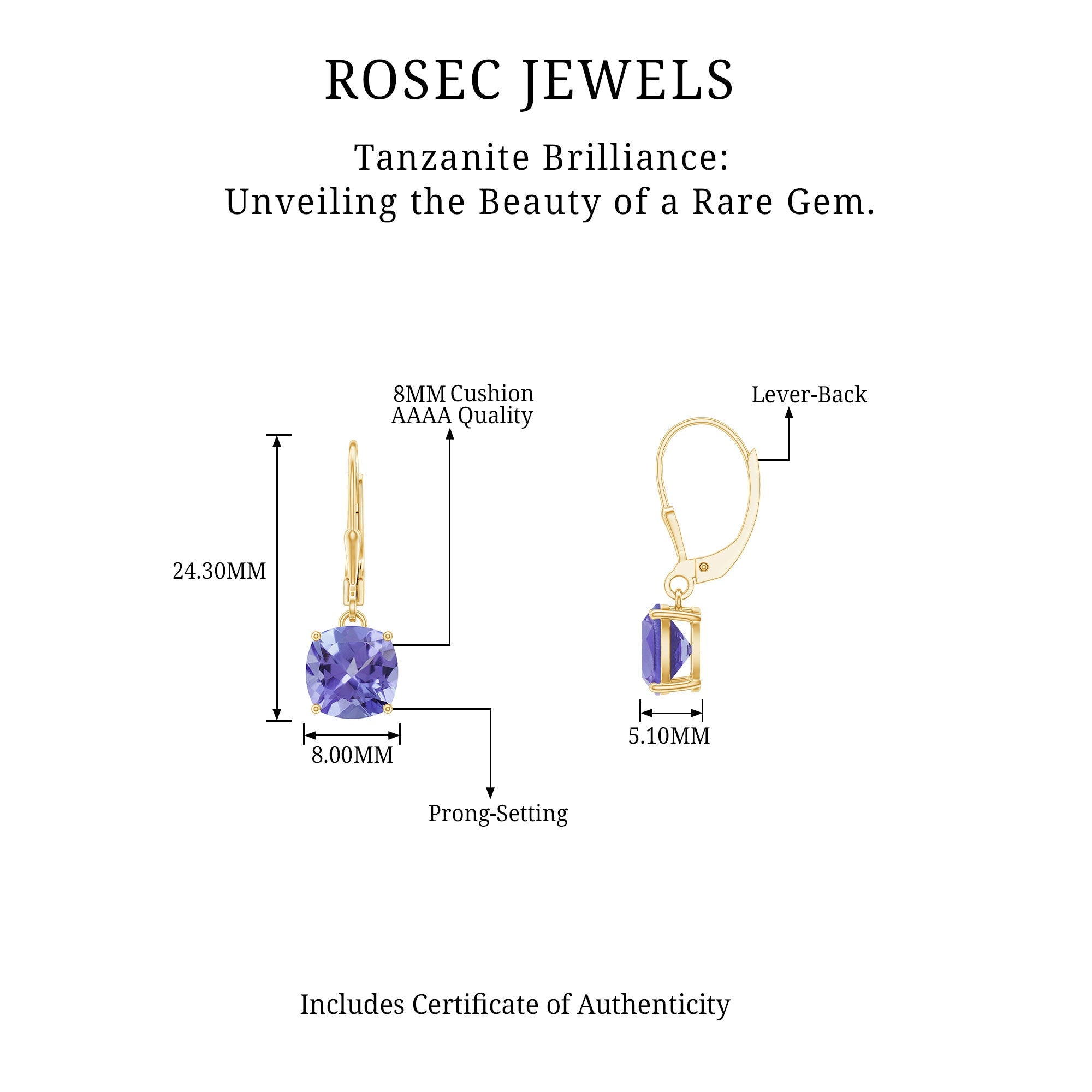 8MM Cushion Cut Lab Created Tanzanite Solitaire Drop Earrings