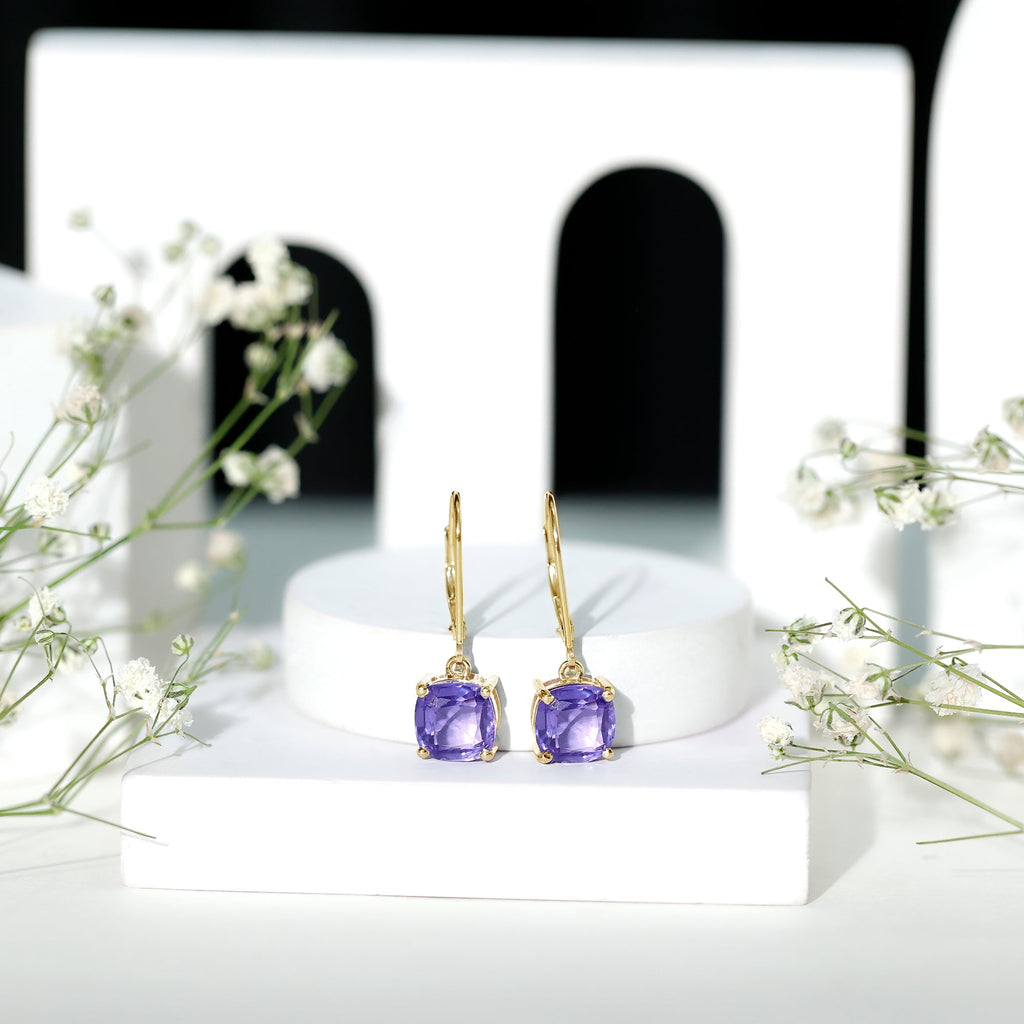 8MM Cushion Cut Lab Created Tanzanite Solitaire Drop Earrings