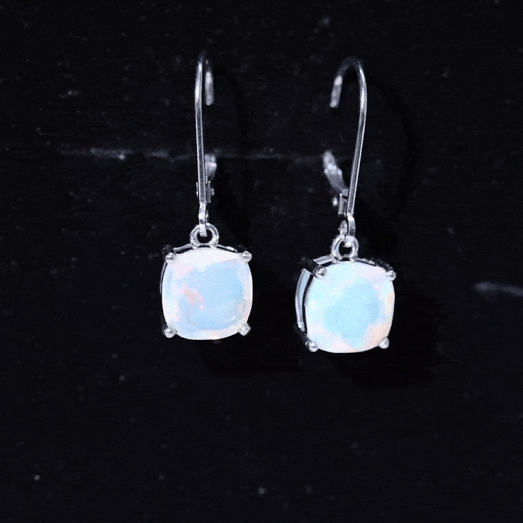 Natural 8MM Cushion Cut Rainbow Opal Hoop Drop Earrings