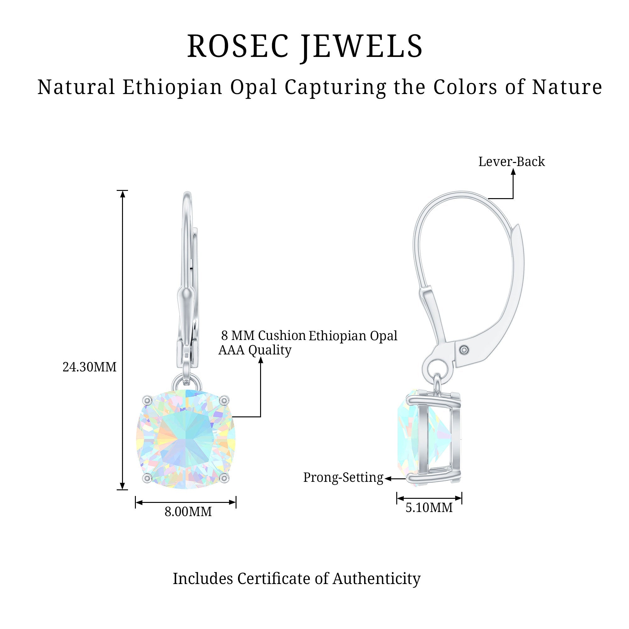 Natural 8MM Cushion Cut Rainbow Opal Hoop Drop Earrings