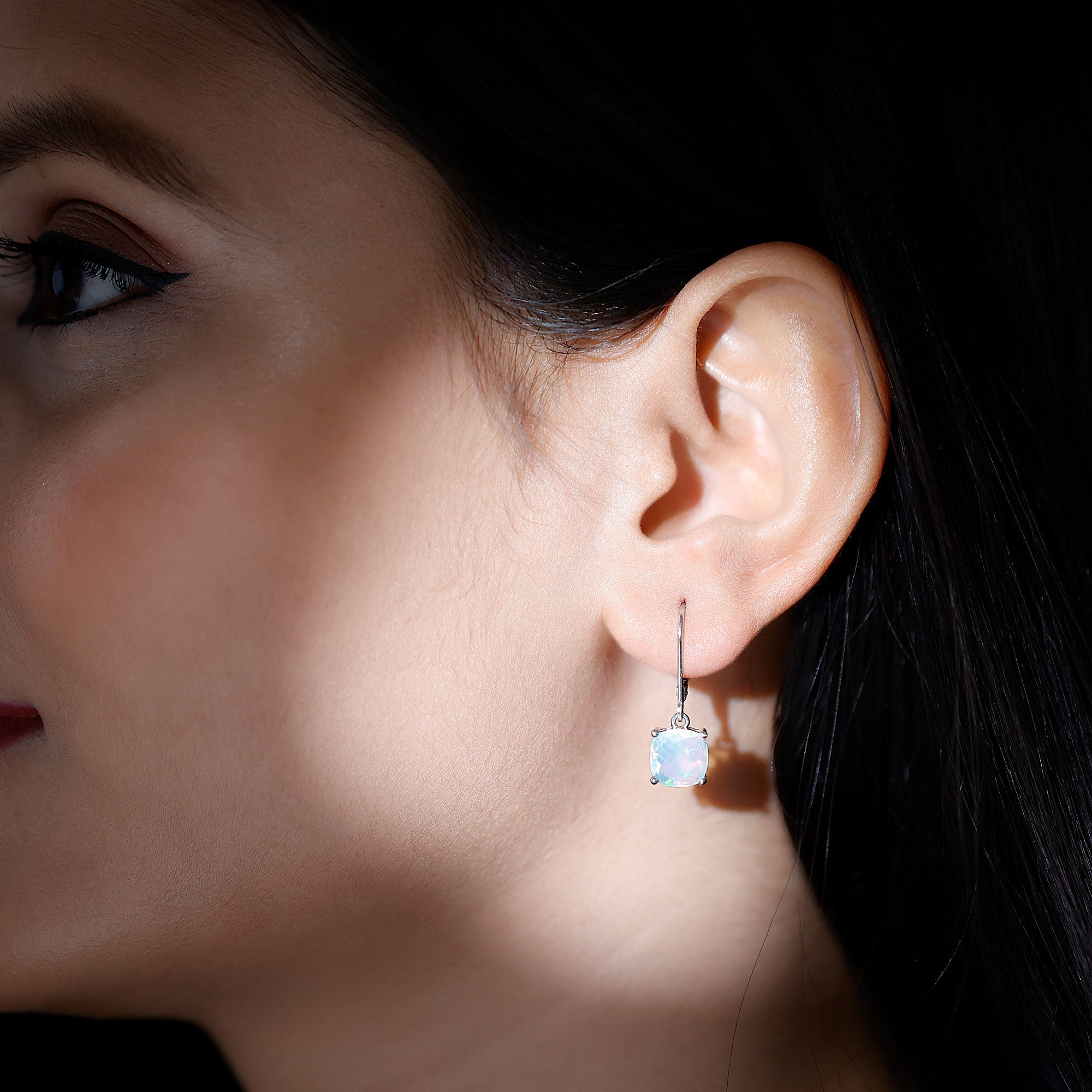 Natural 8MM Cushion Cut Rainbow Opal Hoop Drop Earrings