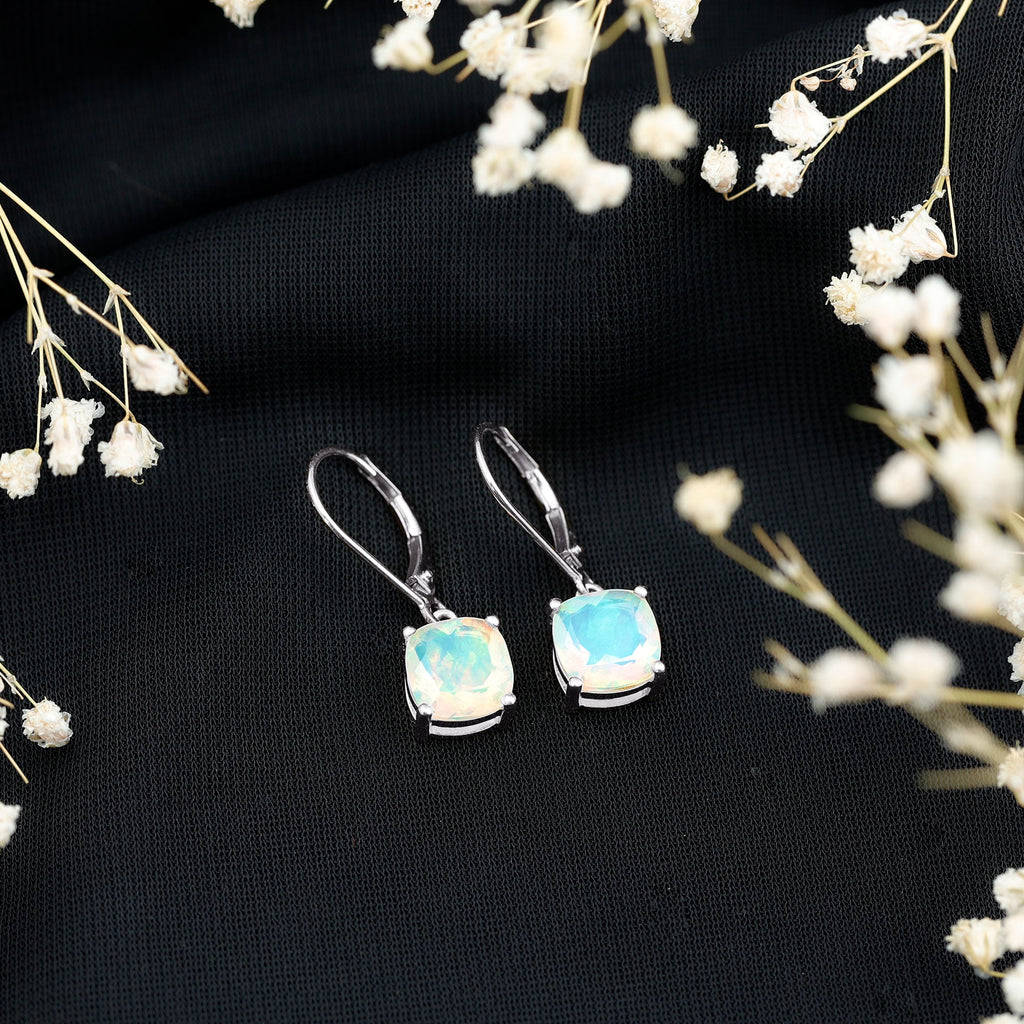 Natural 8MM Cushion Cut Rainbow Opal Hoop Drop Earrings