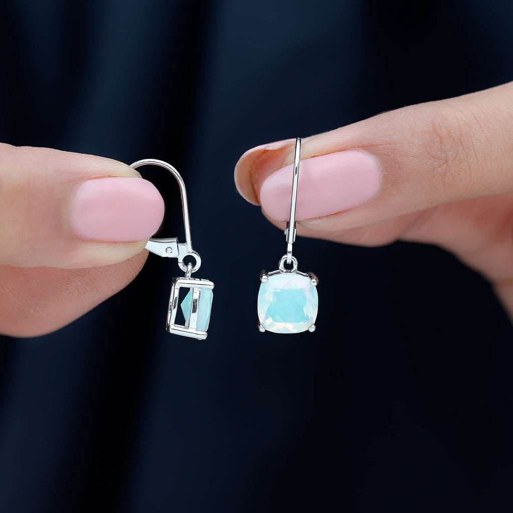 Natural 8MM Cushion Cut Rainbow Opal Hoop Drop Earrings