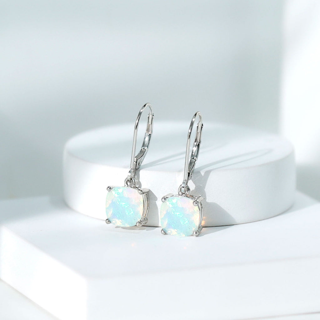 Natural 8MM Cushion Cut Rainbow Opal Hoop Drop Earrings
