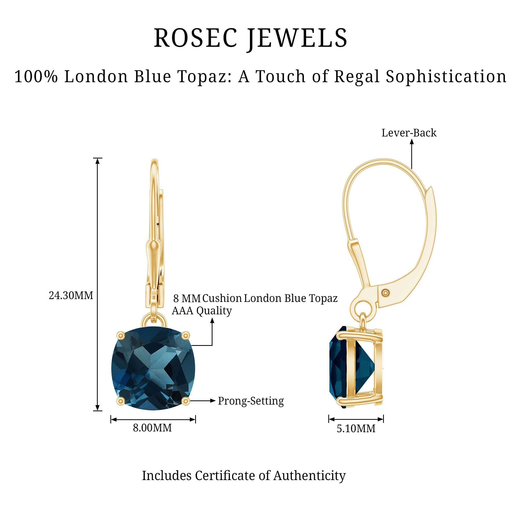 Cushion Cut London Blue Topaz Solitaire Drop Earrings