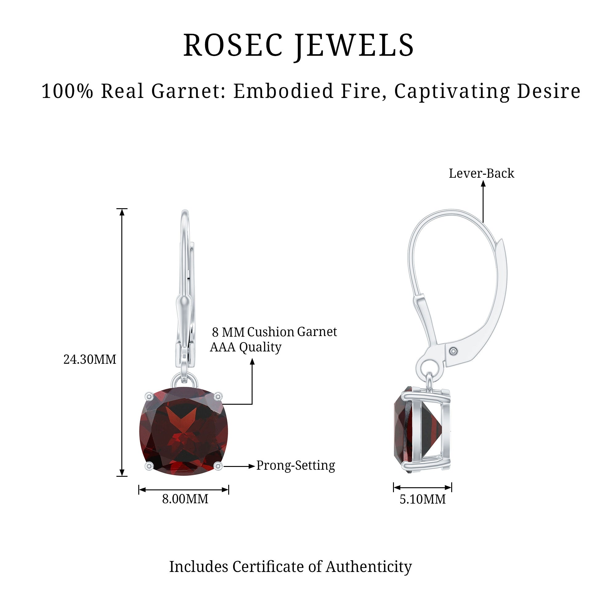 8 MM Cushion Cut Garnet Solitaire Drop Earrings with Lever Back