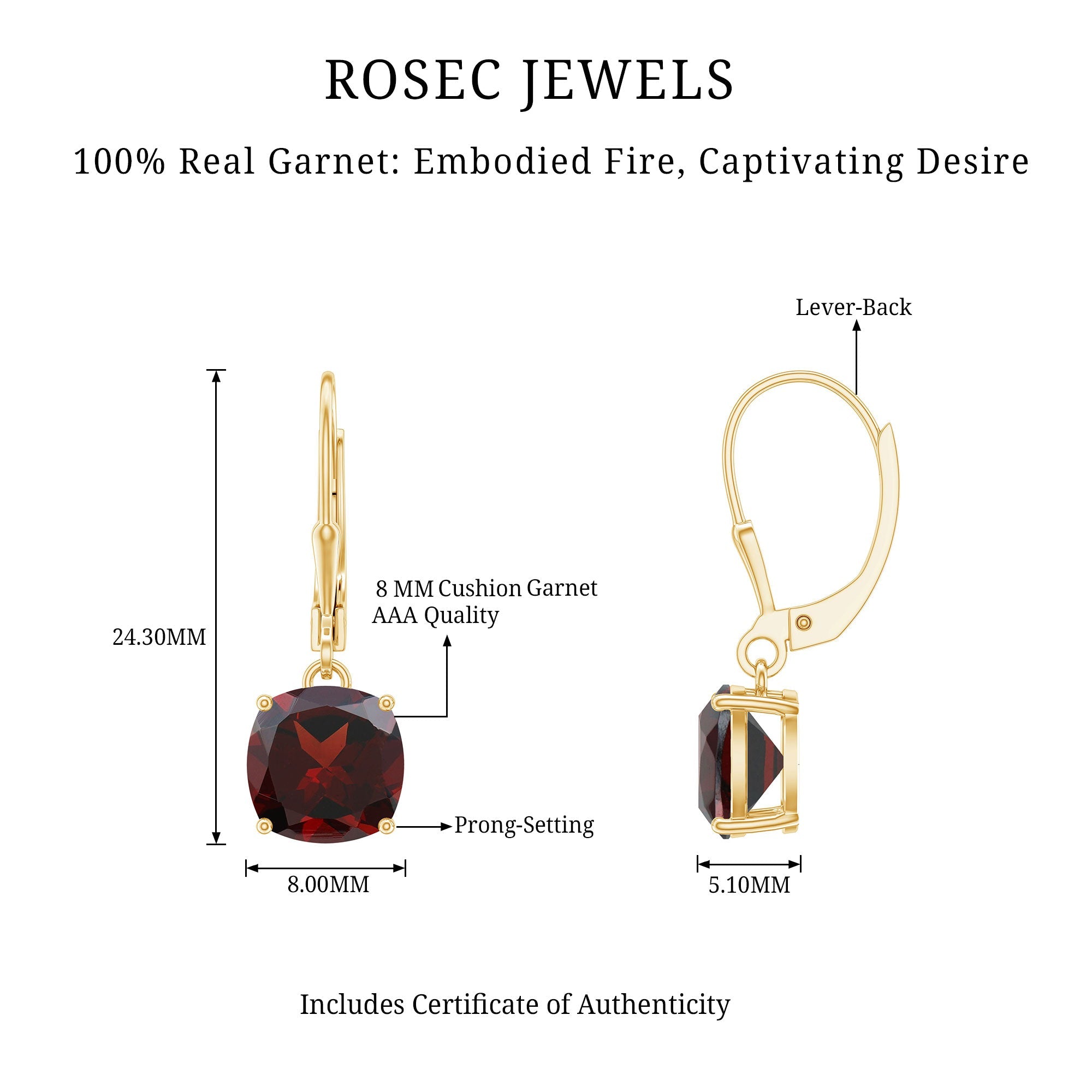 8 MM Cushion Cut Garnet Solitaire Drop Earrings with Lever Back