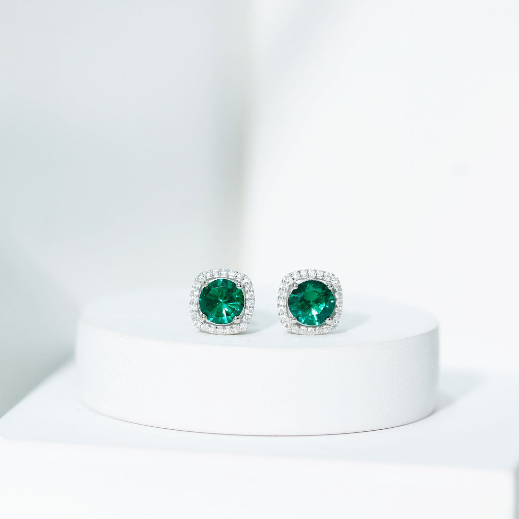 Classic Lab Grown Emerald Halo Stud Earrings with Certificate