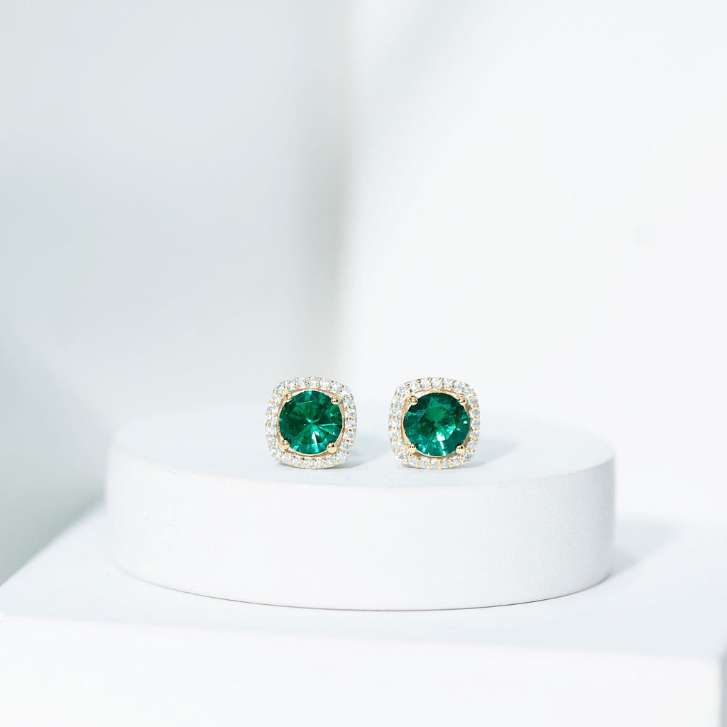 Classic Lab Grown Emerald Halo Stud Earrings with Certificate