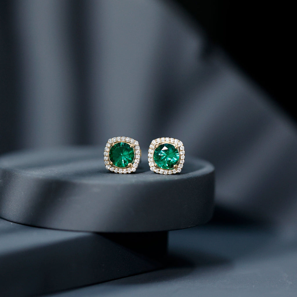 Classic Lab Grown Emerald Halo Stud Earrings with Certificate