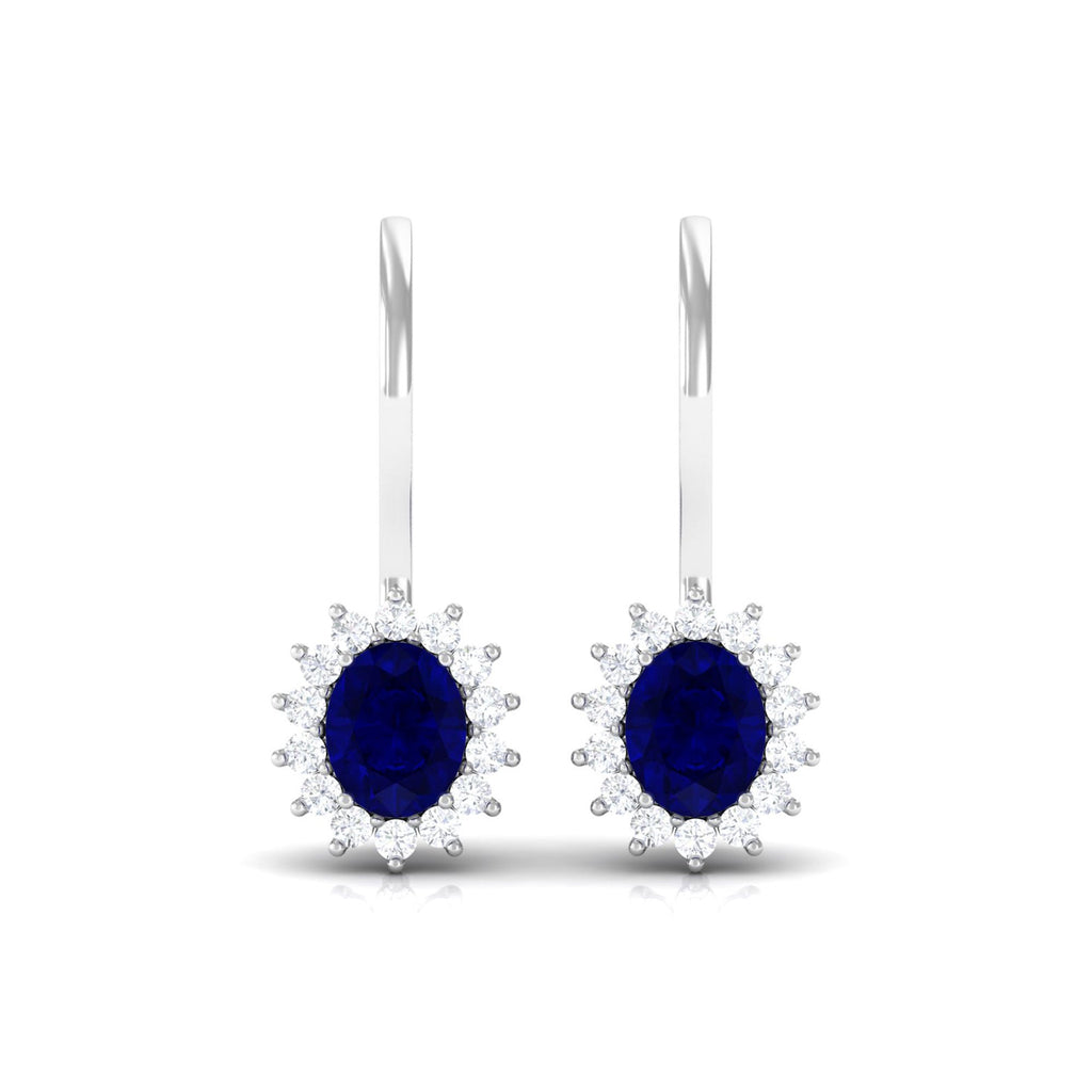 1.25 CT Oval Blue Sapphire Drop Earrings with Diamond Halo