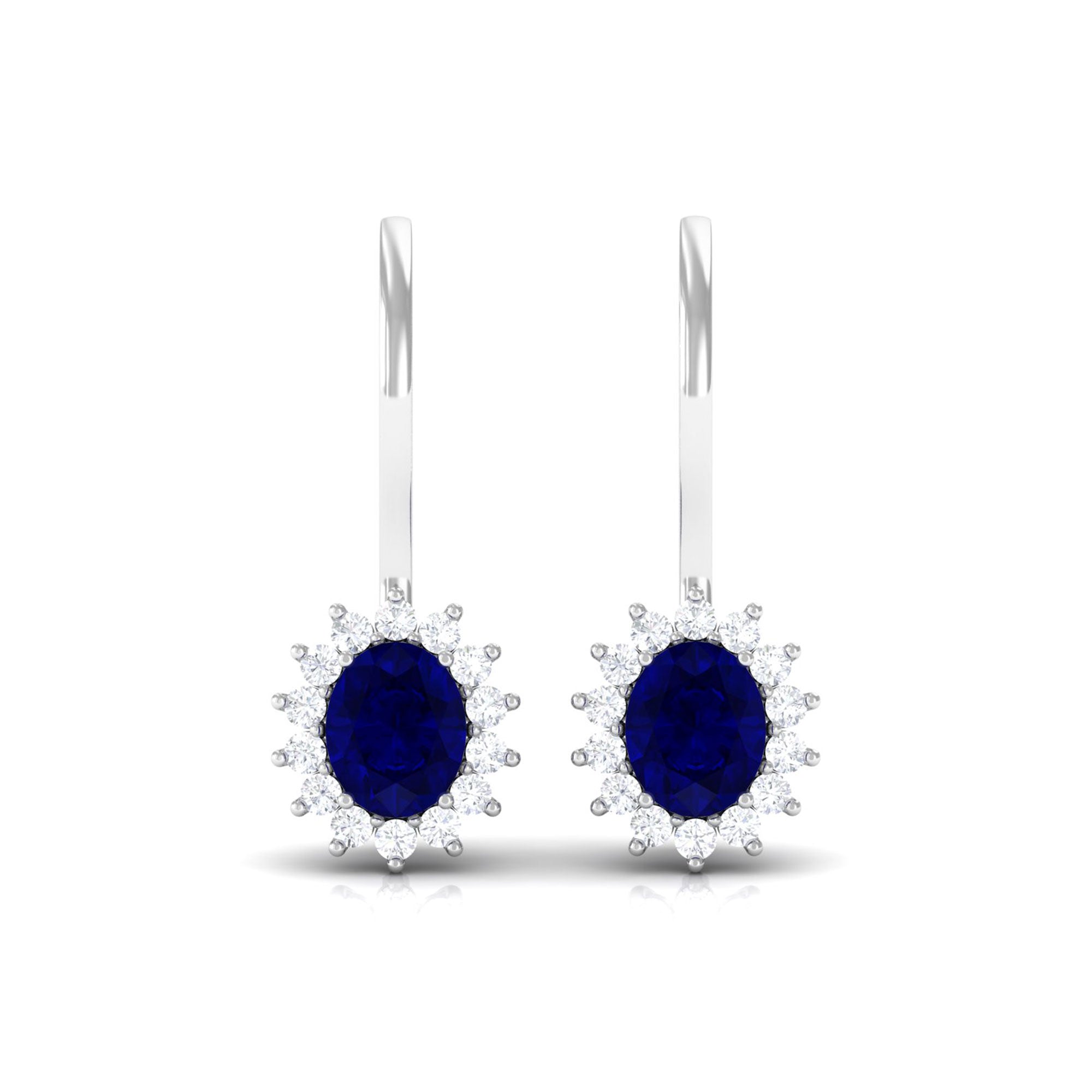 1.25 CT Oval Blue Sapphire Drop Earrings with Diamond Halo